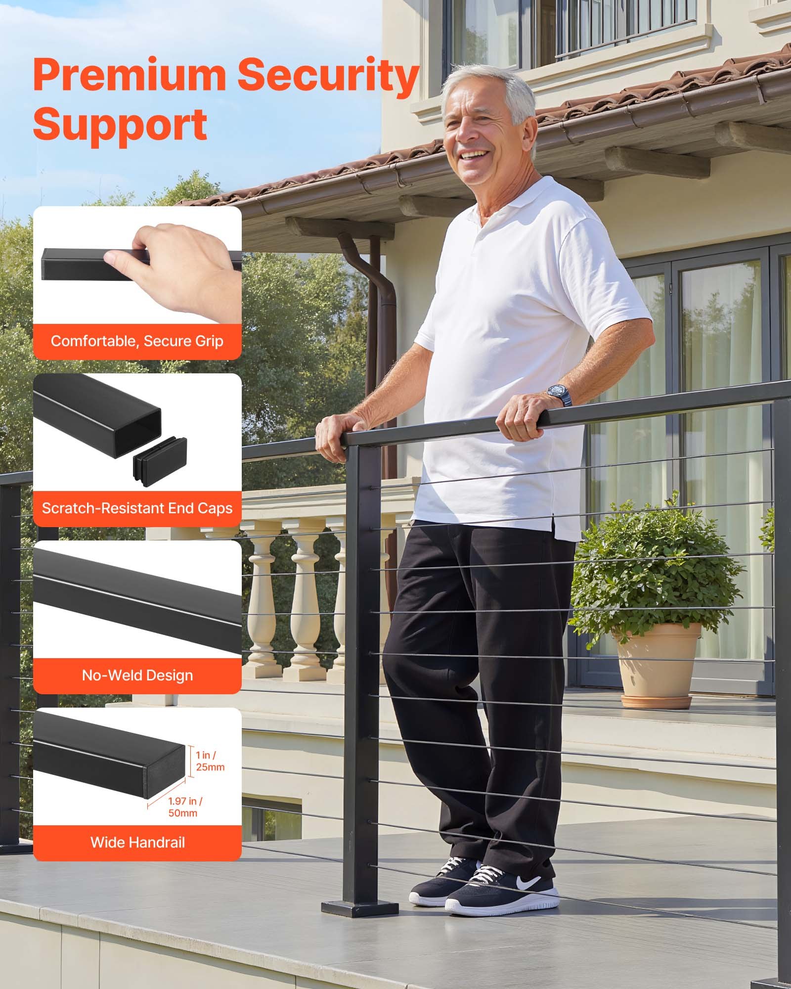 VEVOR  Balokon Geländer-Komplettset mit Pfosten, mattschwarzer Edelstahl-Handlauf, Brüstung für Außen-/Innentreppen, mit waagerechten Löchern für Treppen, Terrassen, Balkone, 50x25x1981mm