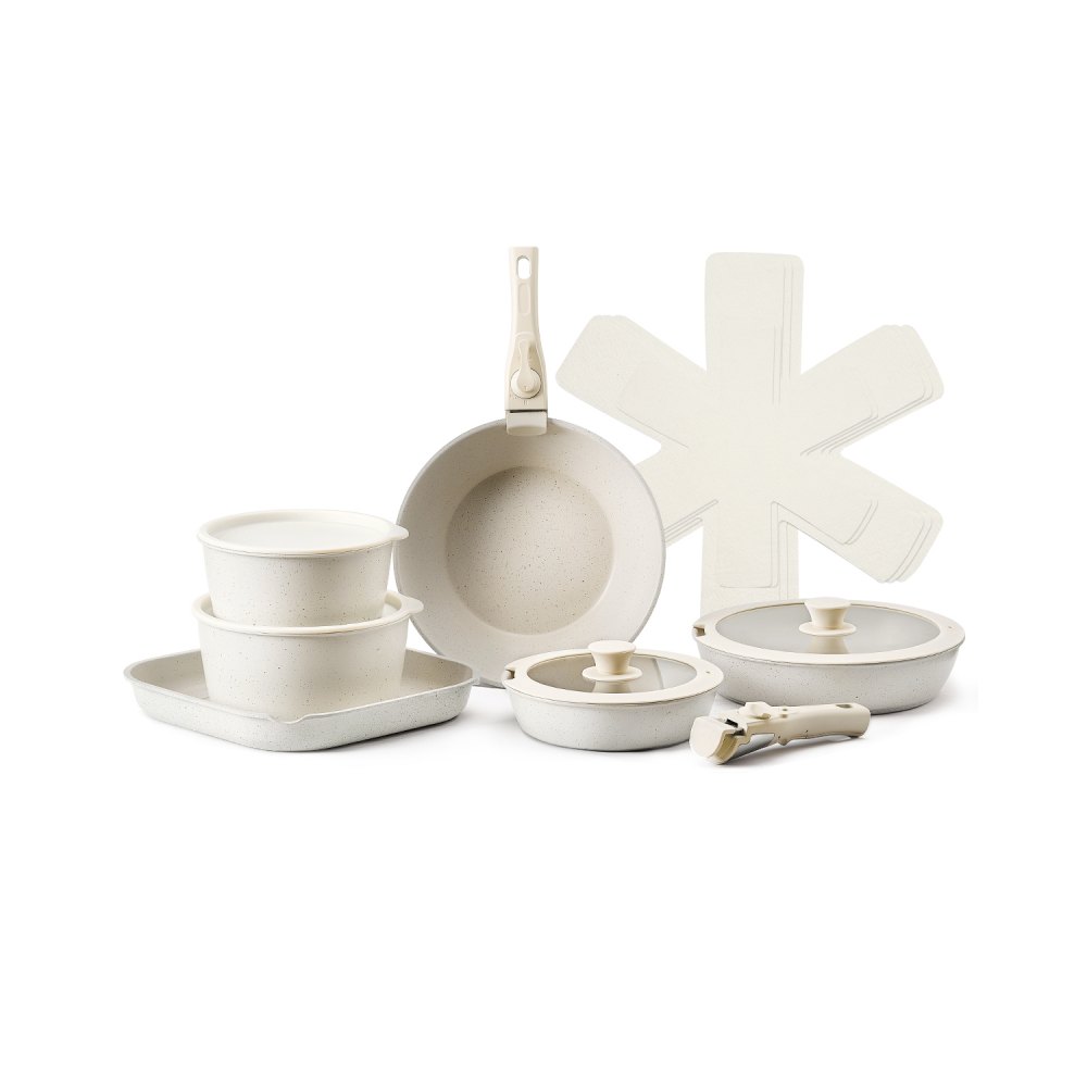 VEVOR Induktion Töpfe Pfannen Set (17-teilig) mit Glasdeckel antihaftbeschichtetes Kochgeschirr mit abnehmbarem Griff, Induktionskochtöpfe zum Braten, Würzen von Soßen und Kochen (Weiß)