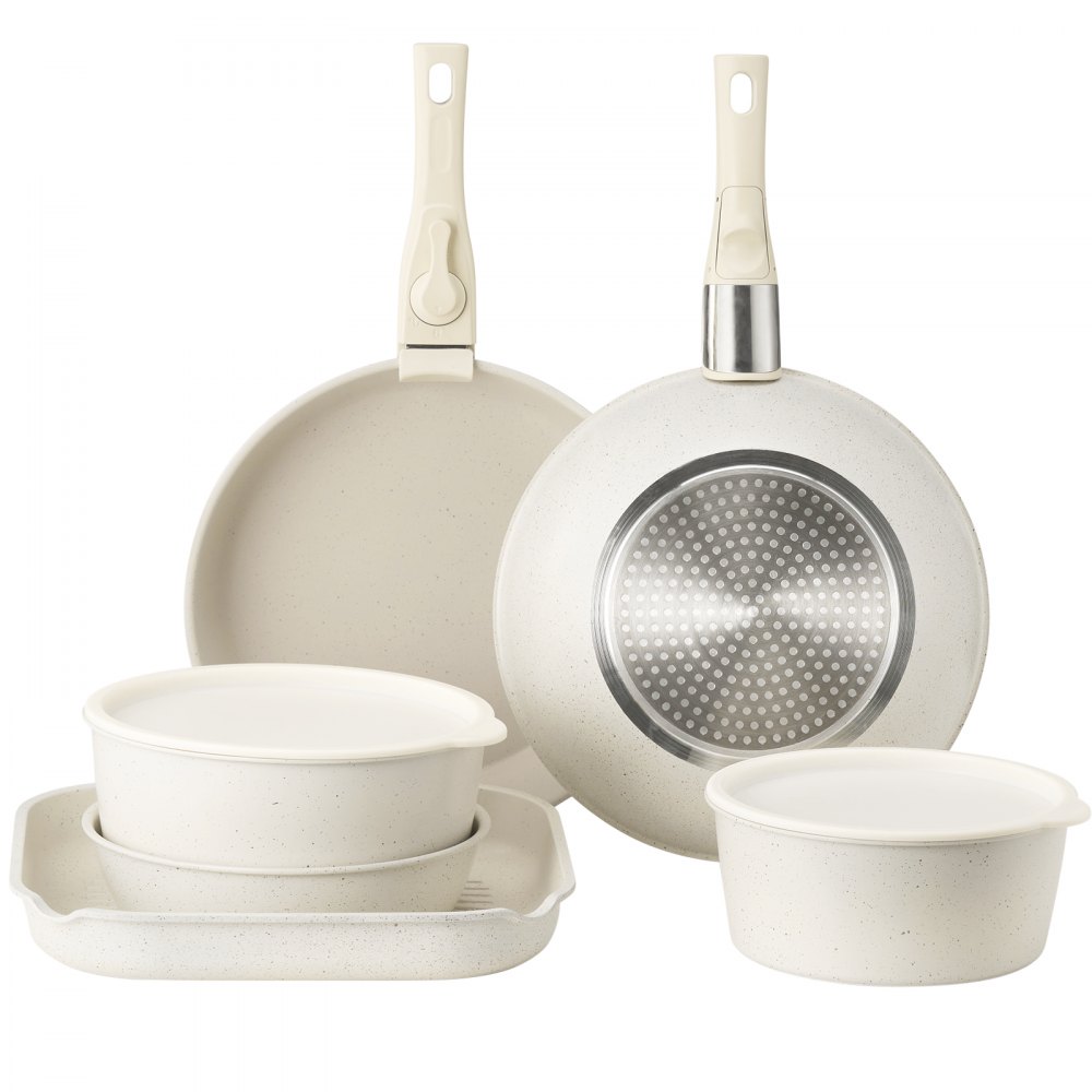 VEVOR Induktion Töpfe Pfannen Set (17-teilig) mit Glasdeckel antihaftbeschichtetes Kochgeschirr mit abnehmbarem Griff, Induktionskochtöpfe zum Braten, Würzen von Soßen und Kochen (Weiß)