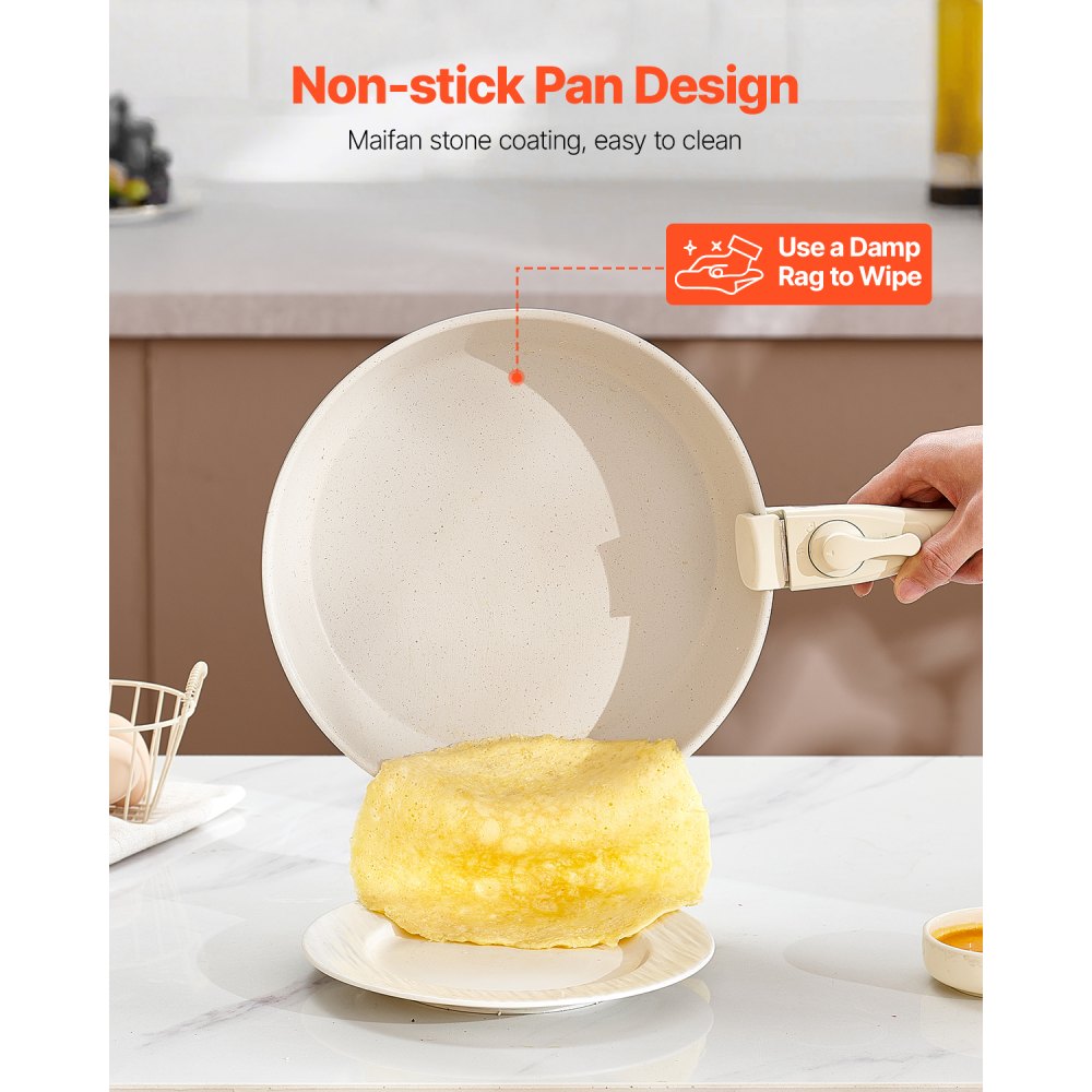 VEVOR Induktion Töpfe Pfannen Set (17-teilig) mit Glasdeckel antihaftbeschichtetes Kochgeschirr mit abnehmbarem Griff, Induktionskochtöpfe zum Braten, Würzen von Soßen und Kochen (Weiß)