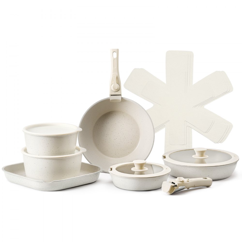VEVOR Induktion Töpfe Pfannen Set (17-teilig) mit Glasdeckel antihaftbeschichtetes Kochgeschirr mit abnehmbarem Griff, Induktionskochtöpfe zum Braten, Würzen von Soßen und Kochen (Weiß)