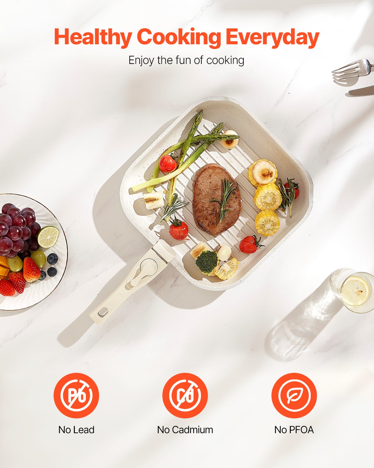 VEVOR Induktion Töpfe Pfannen Set (17-teilig) mit Glasdeckel antihaftbeschichtetes Kochgeschirr mit abnehmbarem Griff, Induktionskochtöpfe zum Braten, Würzen von Soßen und Kochen (Weiß)