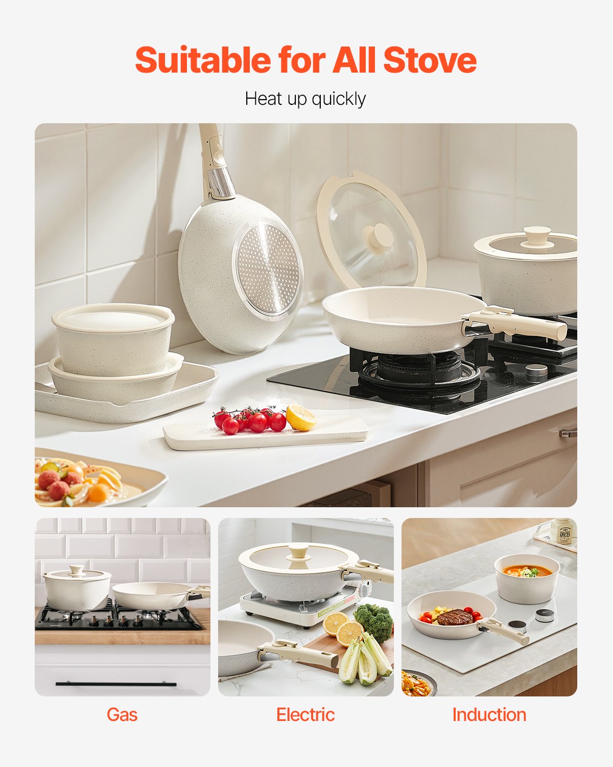 VEVOR Induktion Töpfe Pfannen Set (17-teilig) mit Glasdeckel antihaftbeschichtetes Kochgeschirr mit abnehmbarem Griff, Induktionskochtöpfe zum Braten, Würzen von Soßen und Kochen (Weiß)