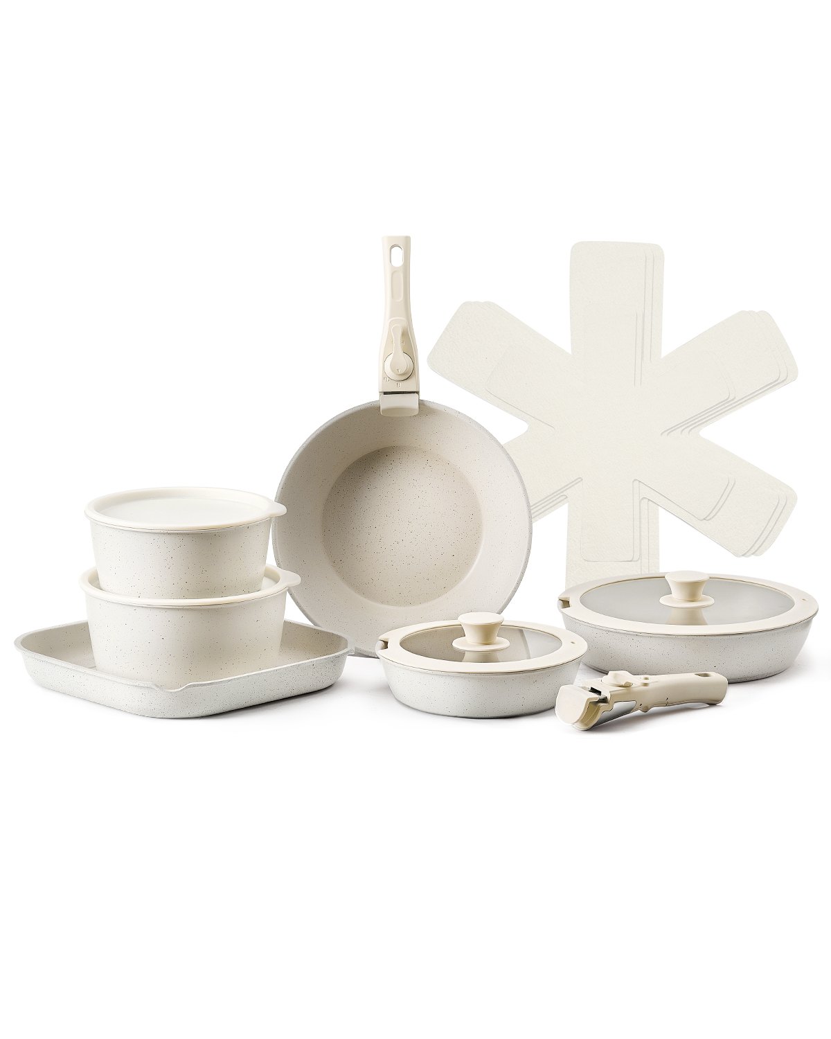 VEVOR Induktion Töpfe Pfannen Set (17-teilig) mit Glasdeckel antihaftbeschichtetes Kochgeschirr mit abnehmbarem Griff, Induktionskochtöpfe zum Braten, Würzen von Soßen und Kochen (Weiß)
