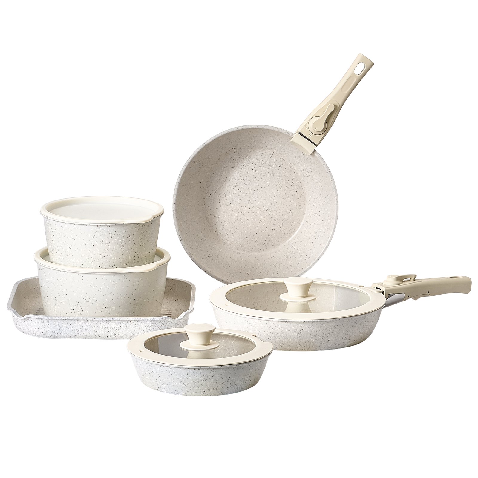 VEVOR Induktion Töpfe Pfannen Set (17-teilig) mit Glasdeckel antihaftbeschichtetes Kochgeschirr mit abnehmbarem Griff, Induktionskochtöpfe zum Braten, Würzen von Soßen und Kochen (Weiß)