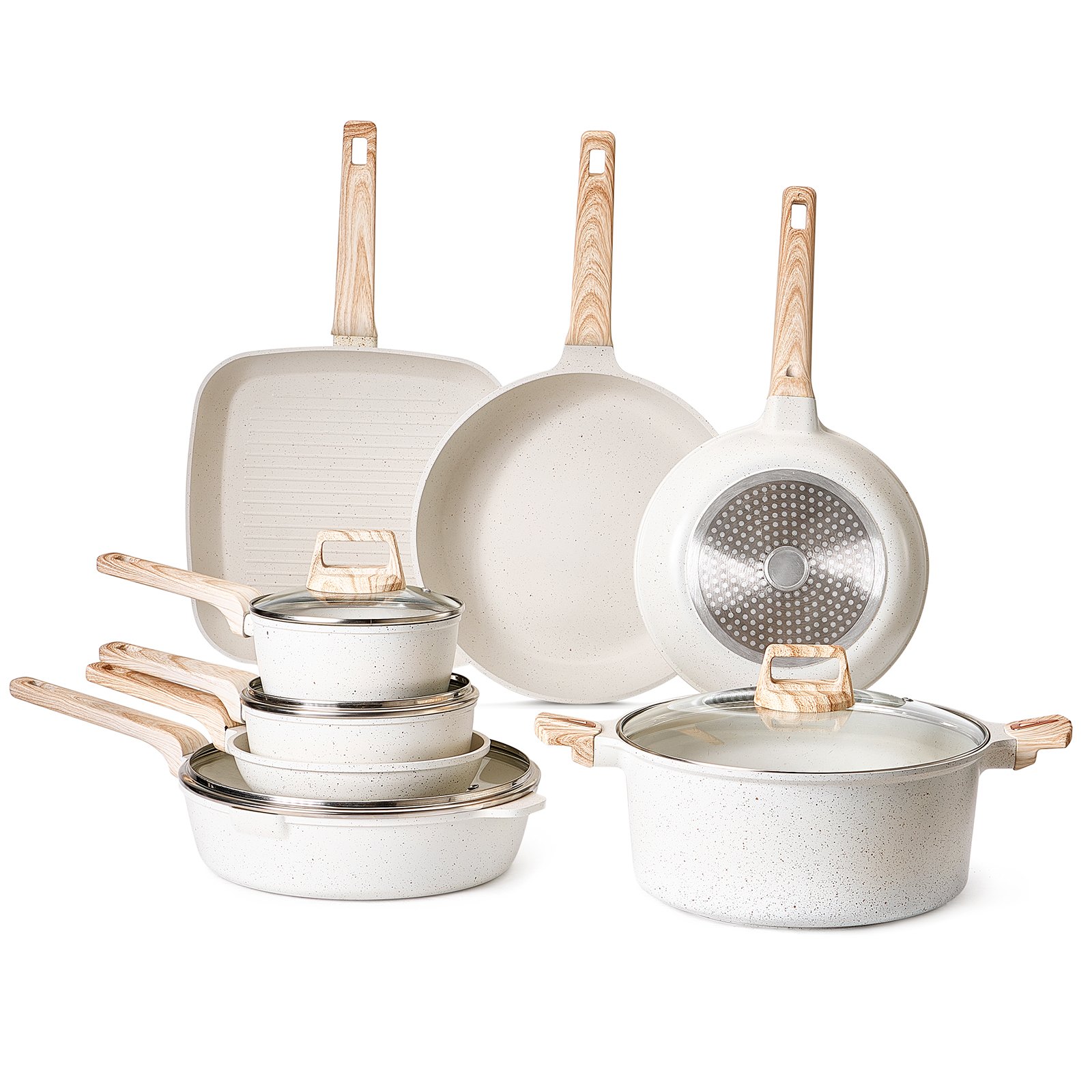 VEVOR Induktion Töpfe Pfannen Set (19-teilig) mit Glasdeckel, antihaftbeschichtetes Kochgeschirr, Induktionskochtöpfe für die Küche im Wohnmobil zum Braten, Würzen von Soßen und Kochen (Weiß)