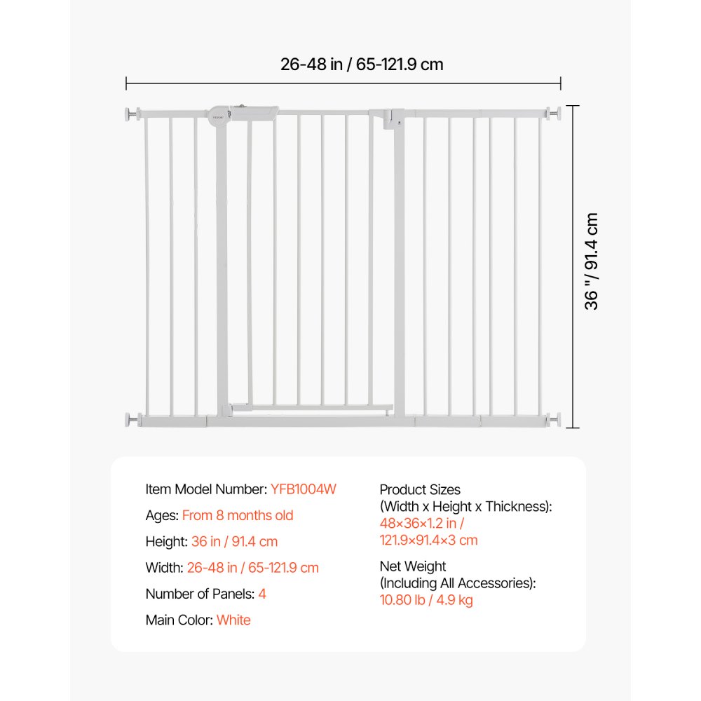VEVOR Baby Gate/Dog Gate/Separator Gate with Adjustable Width (65-121.9 cm), Stair Gate for the Safety of Children & Pets, One-Hand Opening, for Stairs and Doors, White
