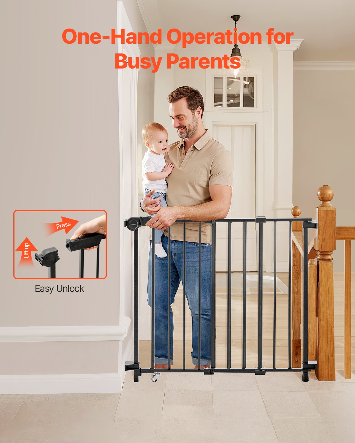 VEVOR Baby Gate/Dog Gate/Partition Gate with Adjustable Width (750-1219 mm), Stair Gate for the Safety of Children & Pets, One-Hand Opening, for Stairs and Doors, Black