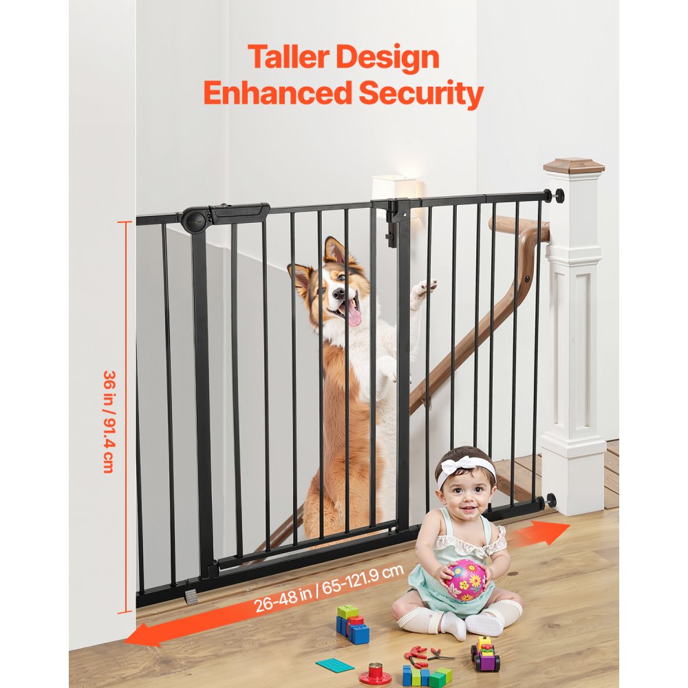 VEVOR Babygitter Hundegitter Trenngitter mit verstellbarer Breite (65-121,9 cm), Treppenschutzgitter für die Sicherheit von Kindern & Haustieren, Einhand offen, für Treppen und Türen, schwarz