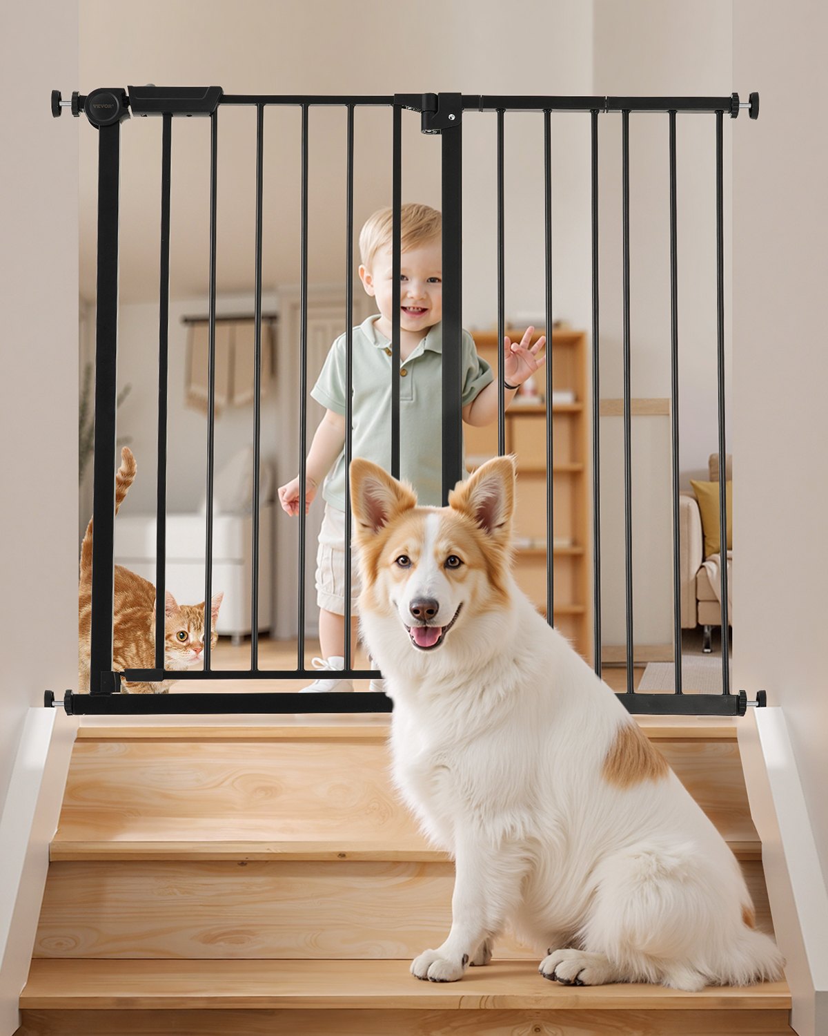 VEVOR Babygitter Hundegitter Trenngitter mit verstellbarer Breite (65-121,9 cm), Treppenschutzgitter mit doppeltem Verriegelungssystem, Einhandöffnung, für Treppen und Türen, schwarz