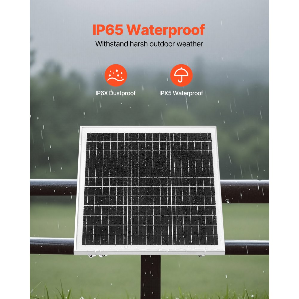 VEVOR 12V Monokristallines Solarpanel-Kit 20W, Batterieladegerät mit integriertem Controller & Masthalterung, IP65 wasserdicht für Tor, Zaun, Bauernhof, Rasen (passend für 40–80 mm Masten)