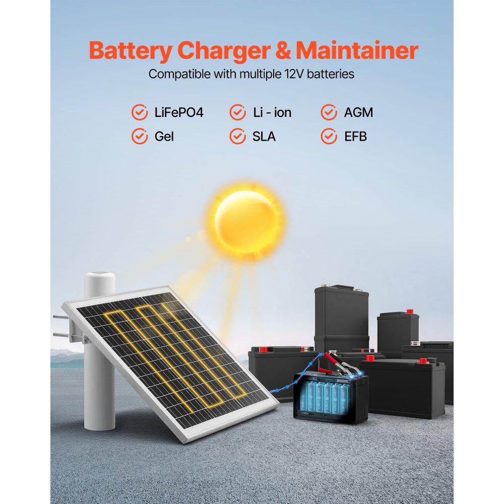 VEVOR 20W 12V Solar Panel Battery Charger, Solar Battery Trickle Charger Maintainer with Built-in Controller & 0-60° Adjustable Pole Mount Bracket, IP67 for Gate Fence Farm Lawn (Fit 40 - 80mm Poles) 
