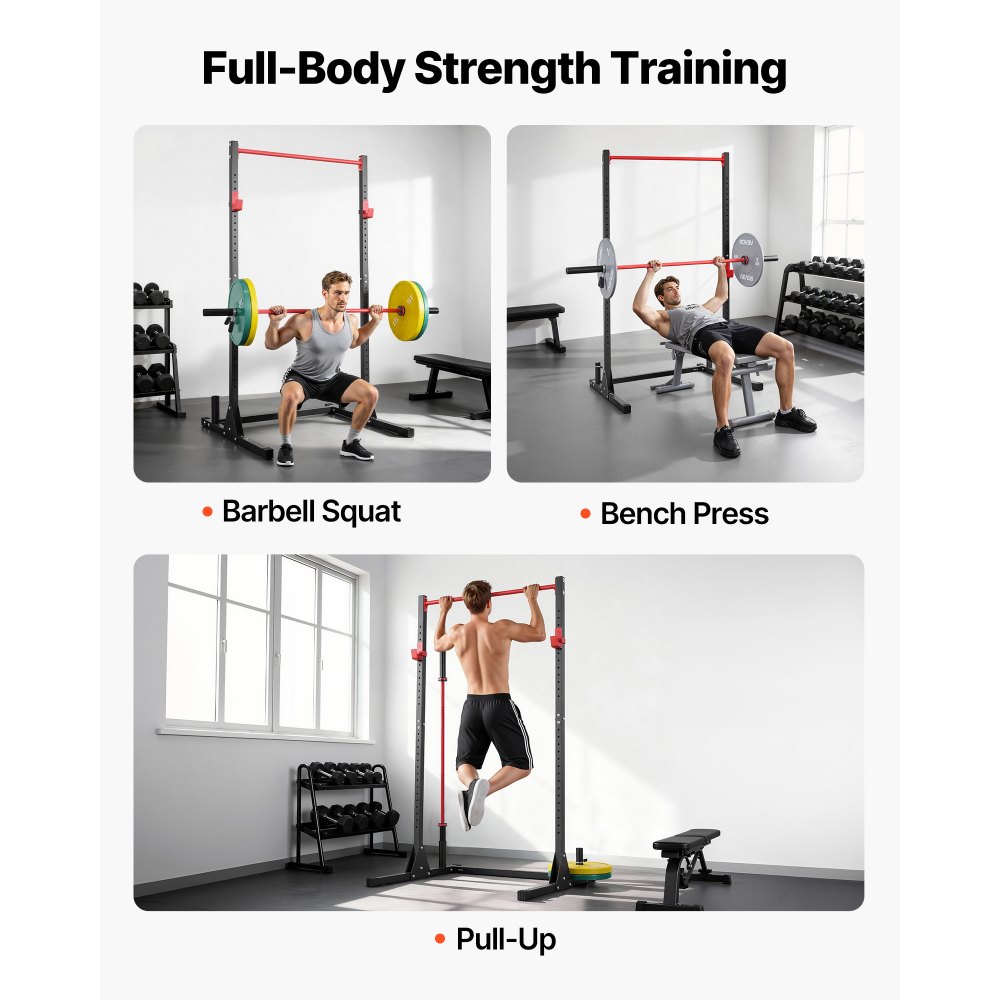 VEVOR Power Cage Squat Rack, Multifunctional Power Rack Bench Press Equipment with 28-Level Adjustable J-Hooks, Strength Training Workout Home Gym for Barbell Squats, Pull-Up, Weight Lifting