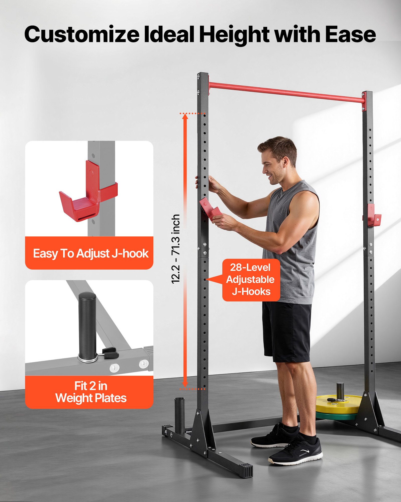 VEVOR Power Cage Squat Rack, Multifunctional Power Rack Bench Press Equipment with 28-Level Adjustable J-Hooks, Strength Training Workout Home Gym for Barbell Squats, Pull-Up, Weight Lifting