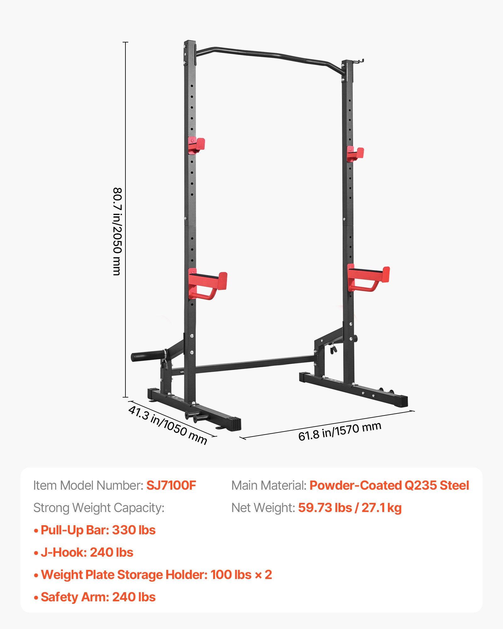 VEVOR Power Cage Squat Rack 454 kg Belastbar, multifunktionales Power Rack für Heimfitnessstudio mit 4 Bandhalterungen & verstellbarem J-Haken & Sicherheitsstangen für Klimmzüge mit Langhantel