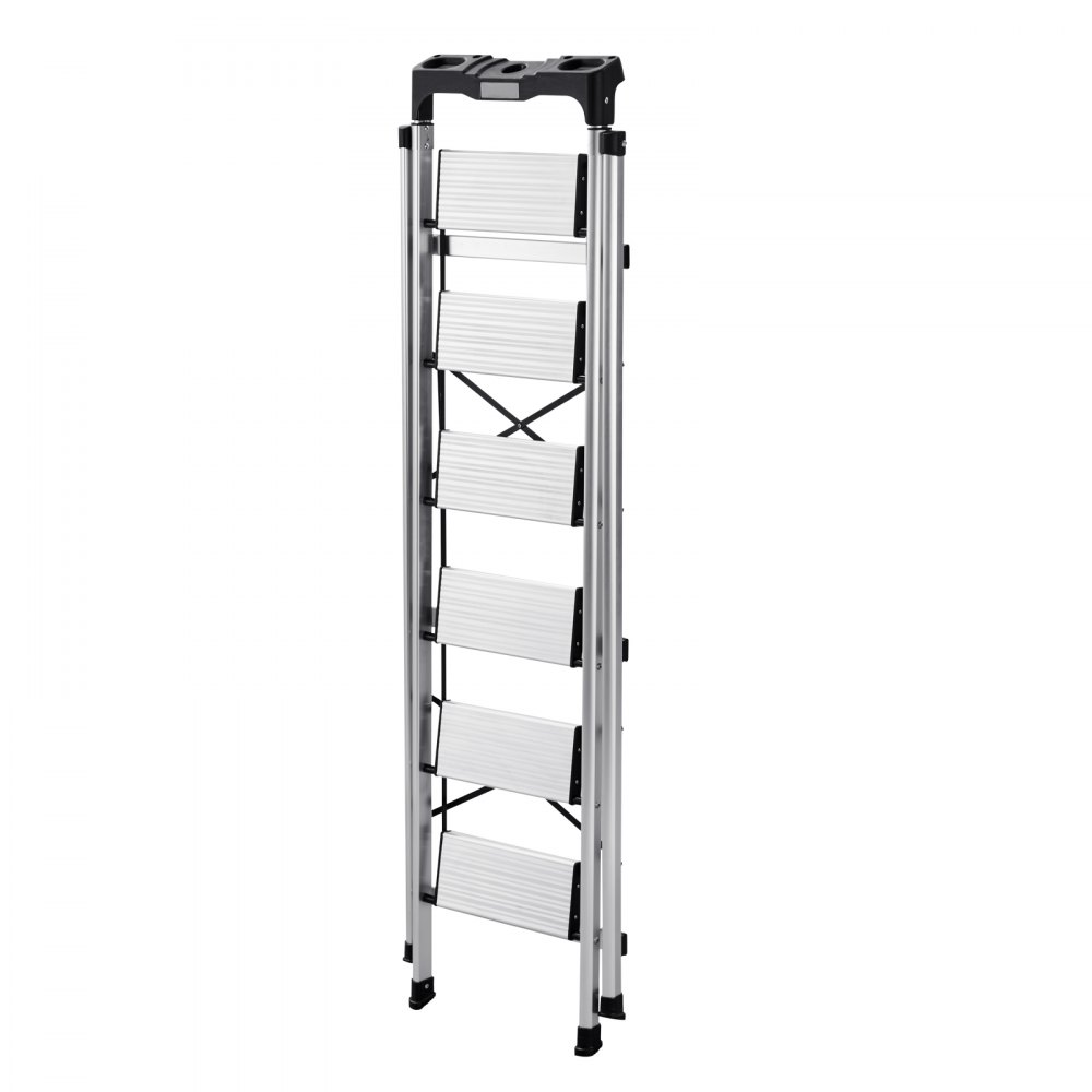 VEVOR Trittleiter 6 Stufen, Klappleiter mit Anti-Rutsch-Stufen & Komfortablem Handgriff, Haushaltsleiter Tragkraft 150 kg, Aluminium-Sicherheitsleiter für Küche, Lager, Haushalt & Büro, Silber