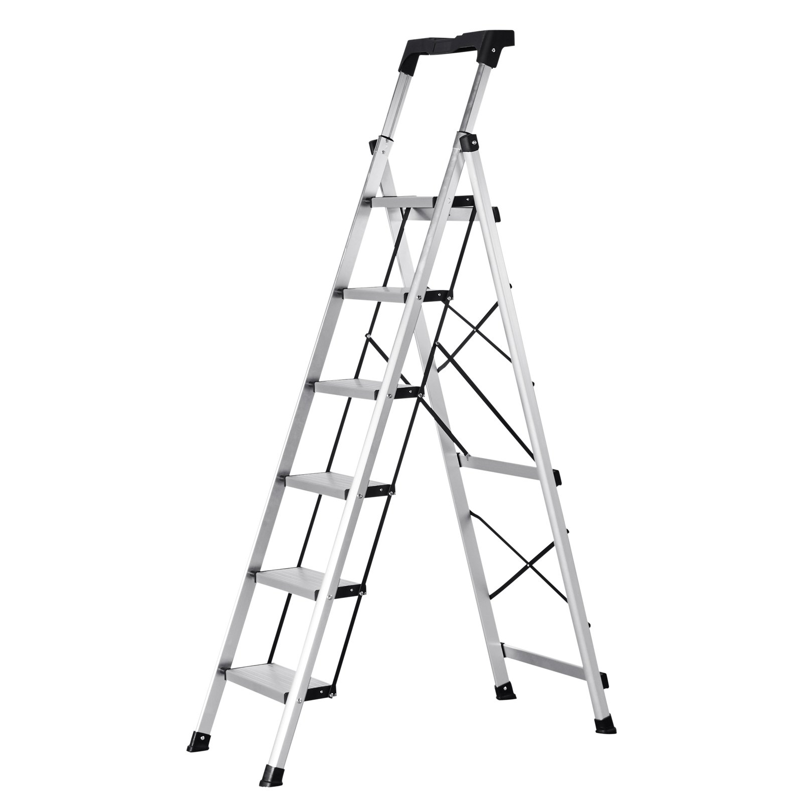 VEVOR Trittleiter 6 Stufen, Klappleiter mit Anti-Rutsch-Stufen & Komfortablem Handgriff, Haushaltsleiter Tragkraft 150 kg, Aluminium-Sicherheitsleiter für Küche, Lager, Haushalt & Büro, Silber