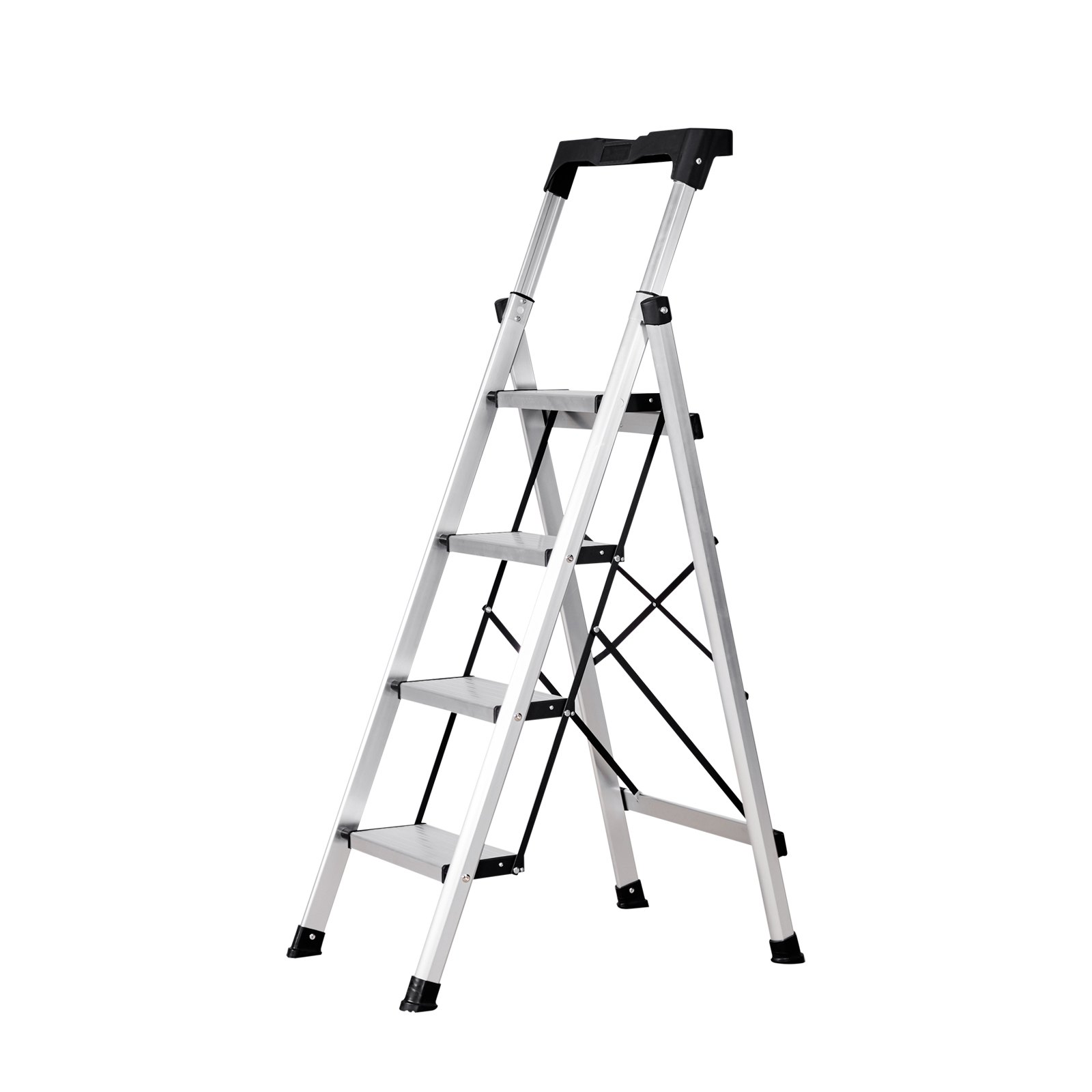 VEVOR Trittleiter 4 Stufen, Klappleiter mit Anti-Rutsch-Stufen & Komfortablem Handgriff, Haushaltsleiter Tragkraft 150 kg, Aluminium-Sicherheitsleiter für Küche, Haushalt, Lager & Büro, Silber