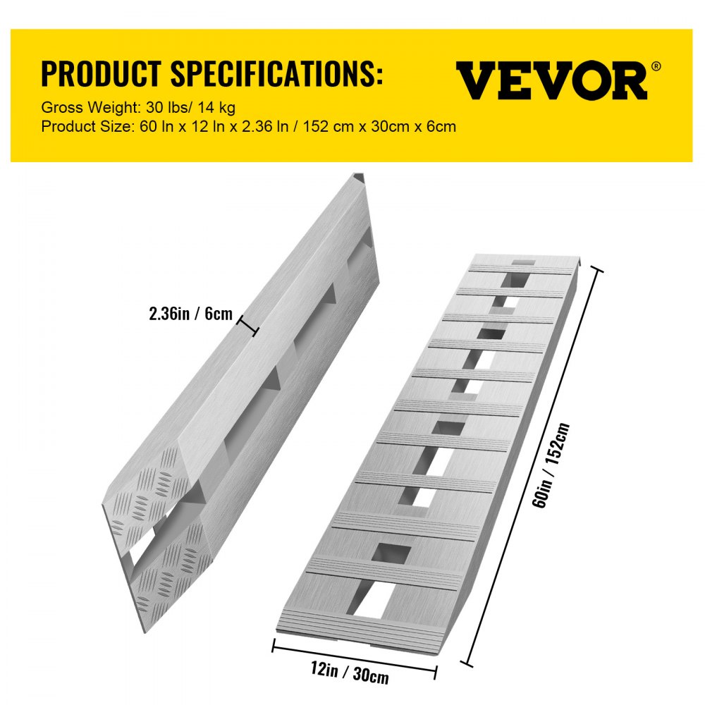 VEVOR 1520 x 305 mm Aluminiumrampen 2 Stk. ATV-Rampen Laderampen 2722 kg Kapazität Bis zu 406 mm Ladehöhe