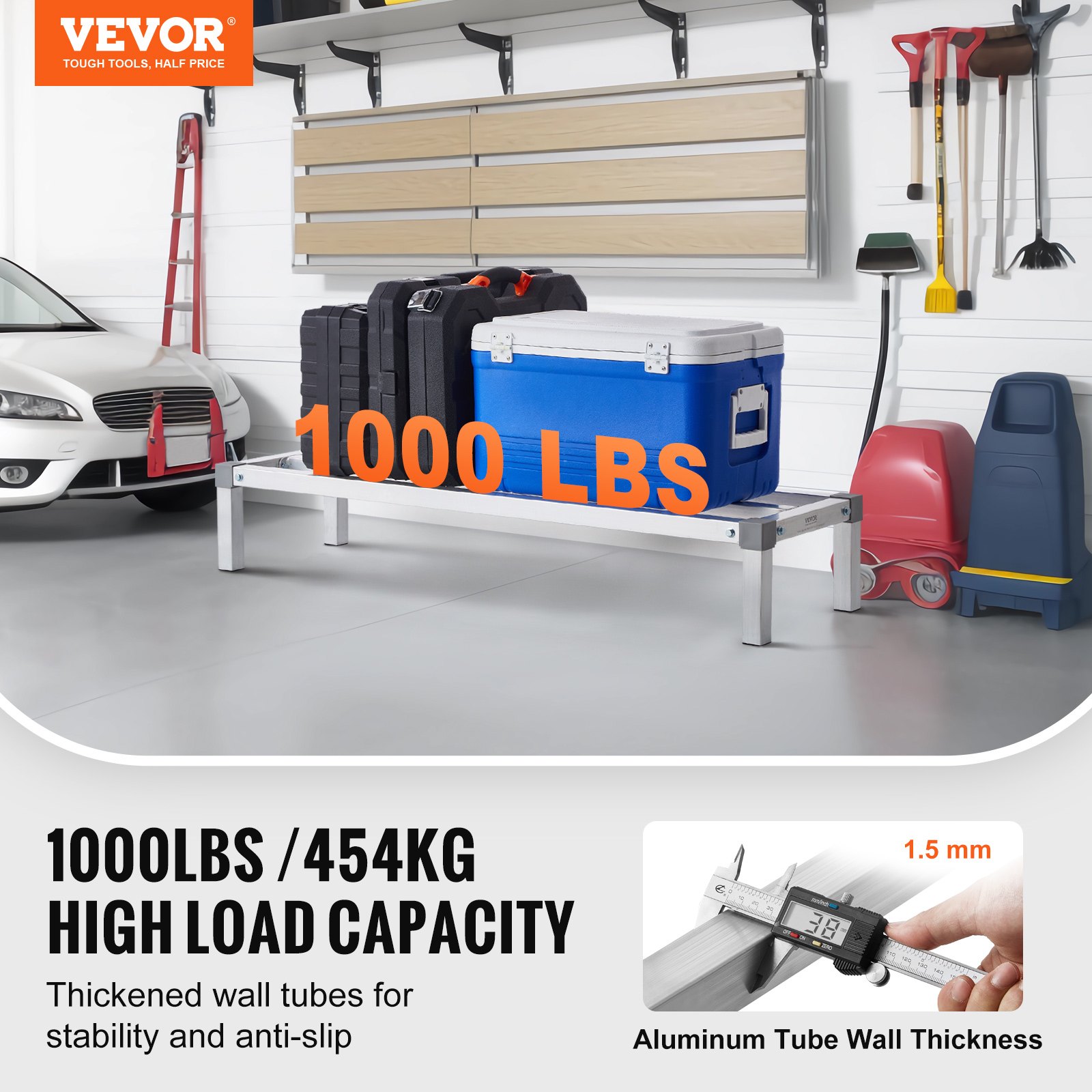 VEVOR Aluminium-Stauregal, 48 x 14 Zoll großes kommerzielles Bodenregal für Lebensmittel, 8 Zoll über dem Boden, 1000 lbs Tragkraft, komplett verschweißtes Aluminium-Lagerregal, zur Lagerung in Restaurants, Küchen, Garagen und Fahrzeugen