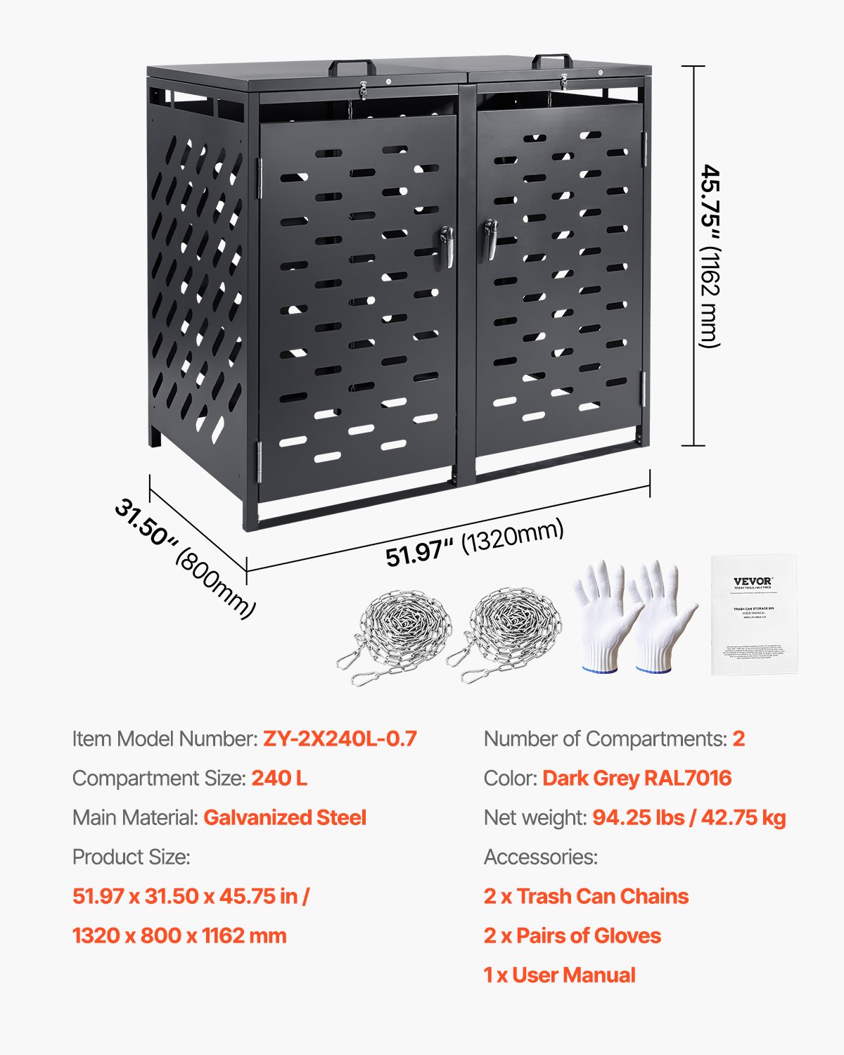 VEVOR Mülltonnenbox, 2x 240 L Mülltonnenhaus, Müllcontainer, Mülltonnenverkleidung, abschließbarer Mülltonnen-Aufbewahrungsschuppen, für Mülltonne, Garten, Hinterhof und Terrasse