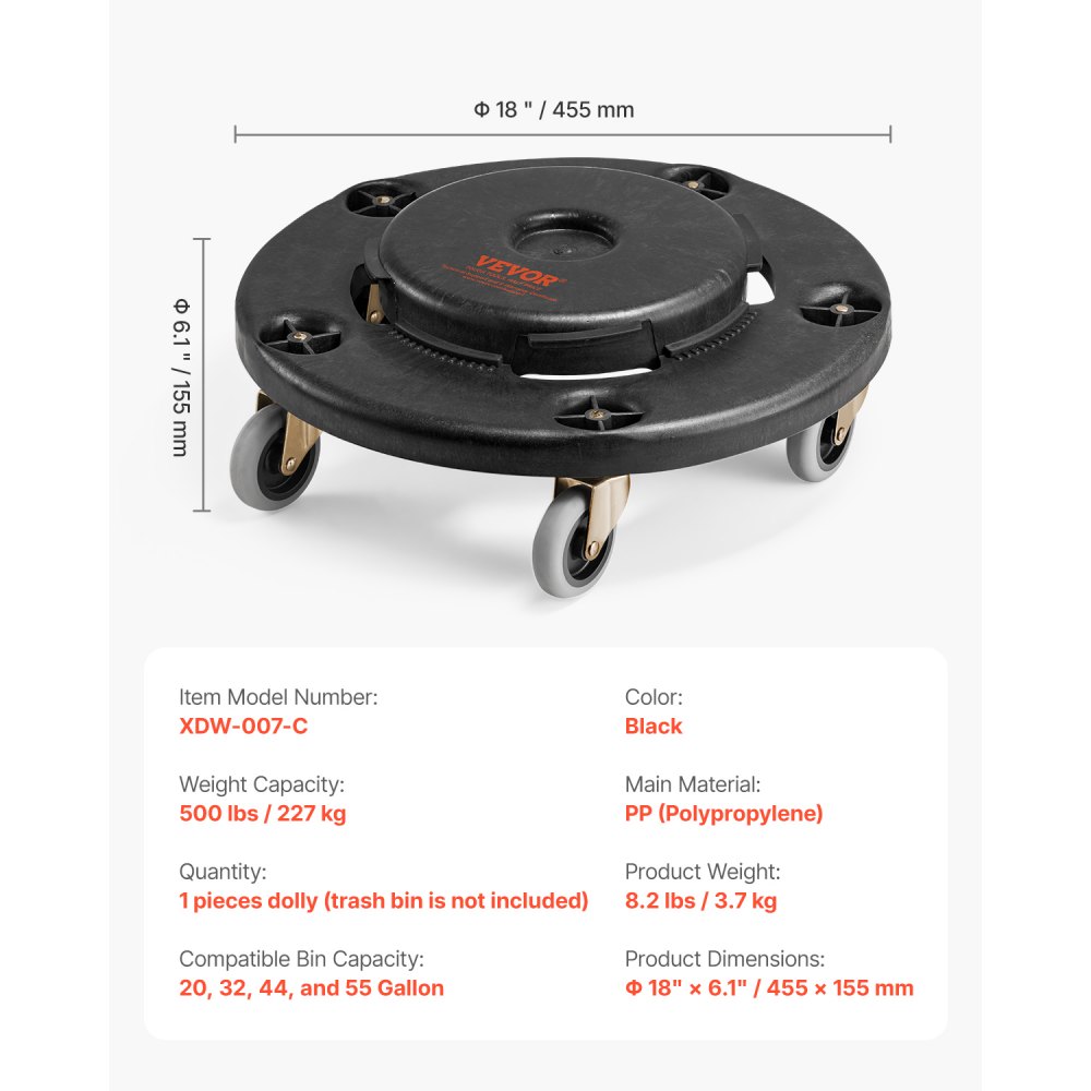 VEVOR Mülltonnenwagen 455x155 mm, passend für 75,7/121/166,6/208 L-Behälter, Abfalleimer Dolly mit 4 feststellbaren Rädern, 227 kg Tragkraft, robuster Tonnenwagen, multifunktionaler Rollwagen