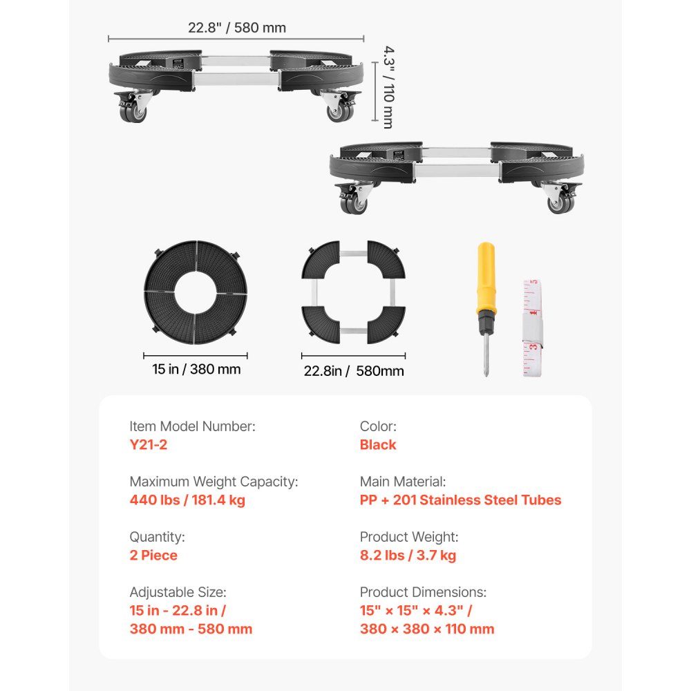 VEVOR Transportroller mit 4 feststellbaren Rädern, Tragkraft 181 kg, 2 Stk. Rollwagen für Mülltonnen 380–580 mm verstellbar, Transportwagen, multifunktionale Transporthilfe, schwarz