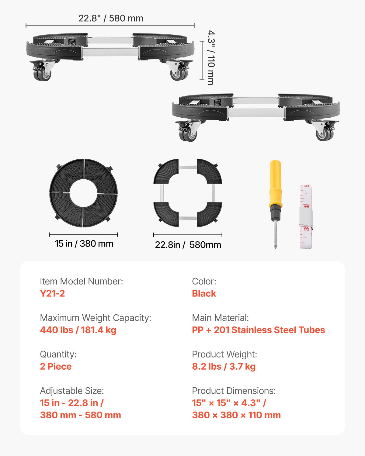VEVOR Transportroller mit 4 feststellbaren Rädern, Tragkraft 181 kg, 2 Stk. Rollwagen für Mülltonnen 380–580 mm verstellbar, Transportwagen, multifunktionale Transporthilfe, schwarz