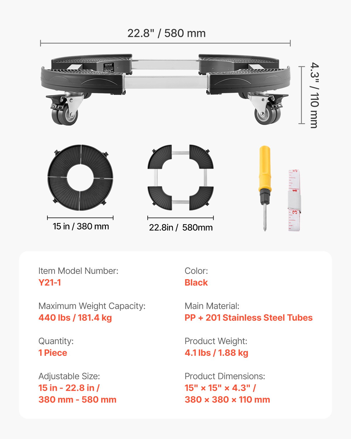 VEVOR Mülltonnenwagen mit 4 feststellbaren Rädern, Tragkraft 181,4 kg, runder Transportroller, 380-580 mm verstellbarer Fasswagen, Pflanzenwagen, multifunktionaler Rollwagen, schwarz