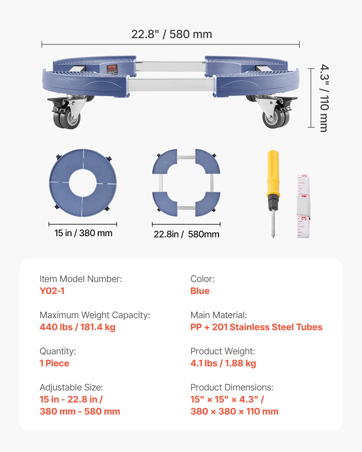 VEVOR Mülltonnenwagen mit 4 feststellbaren Rädern, Tragkraft 181,4 kg, Abfalleimer Dolly, 380-580 mm verstellbar, robuster Fasswagen, Pflanzenwagen, multifunktionaler Rollwagen, blau