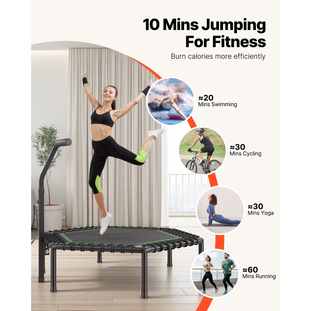 VEVOR Fitnesstrampolin Indoor für Erwachsene, Minitrampolin mit 205 kg Traglast, 1385 mm Rebounder-Trampolin mit 3-stufig Höhenverstellbarem Haltegriff und Schaumstoffgriff, Heimtrainer Sportgerät