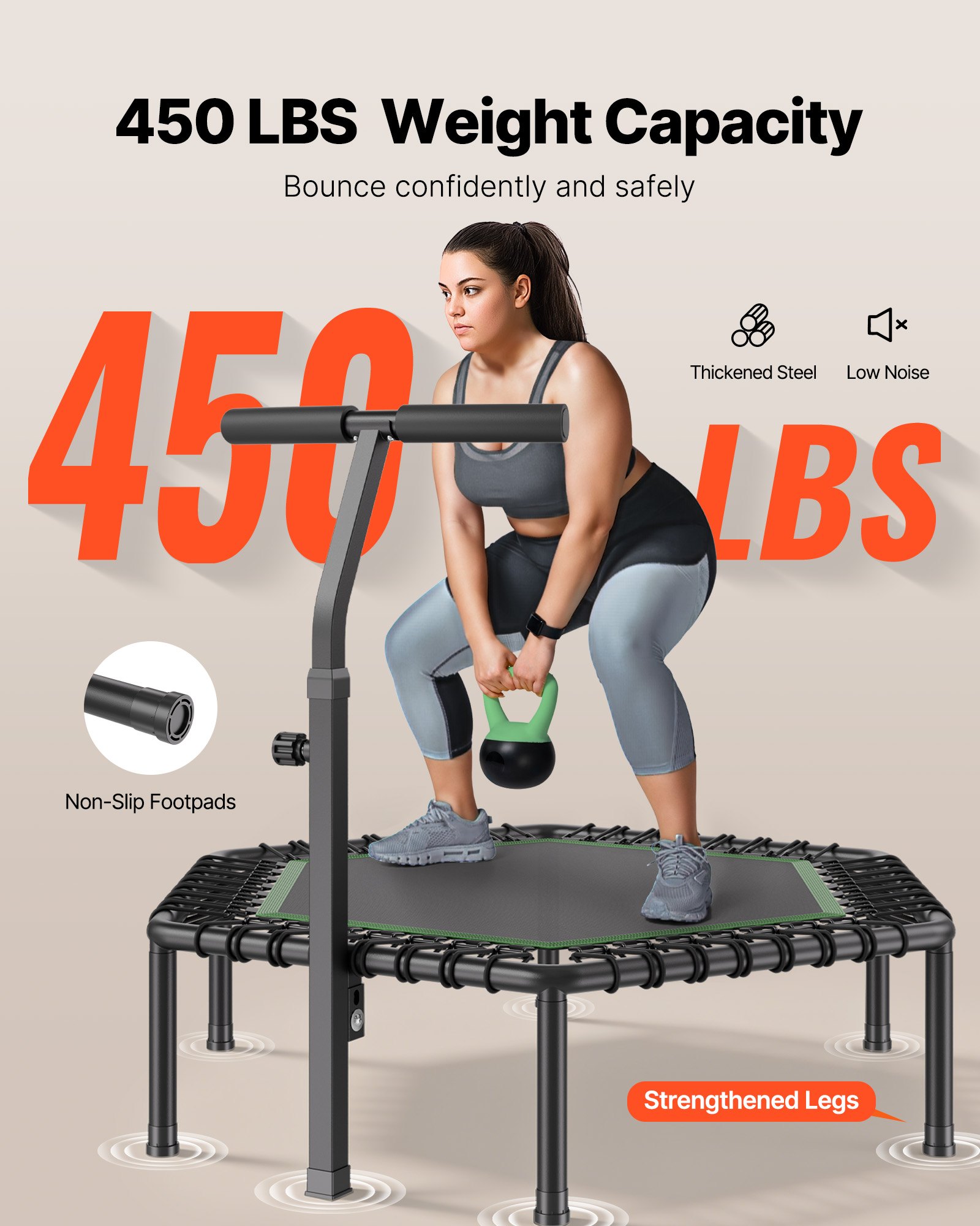 VEVOR Fitnesstrampolin Indoor für Erwachsene, Minitrampolin mit 205 kg Traglast, 1385 mm Rebounder-Trampolin mit 3-stufig Höhenverstellbarem Haltegriff und Schaumstoffgriff, Heimtrainer Sportgerät