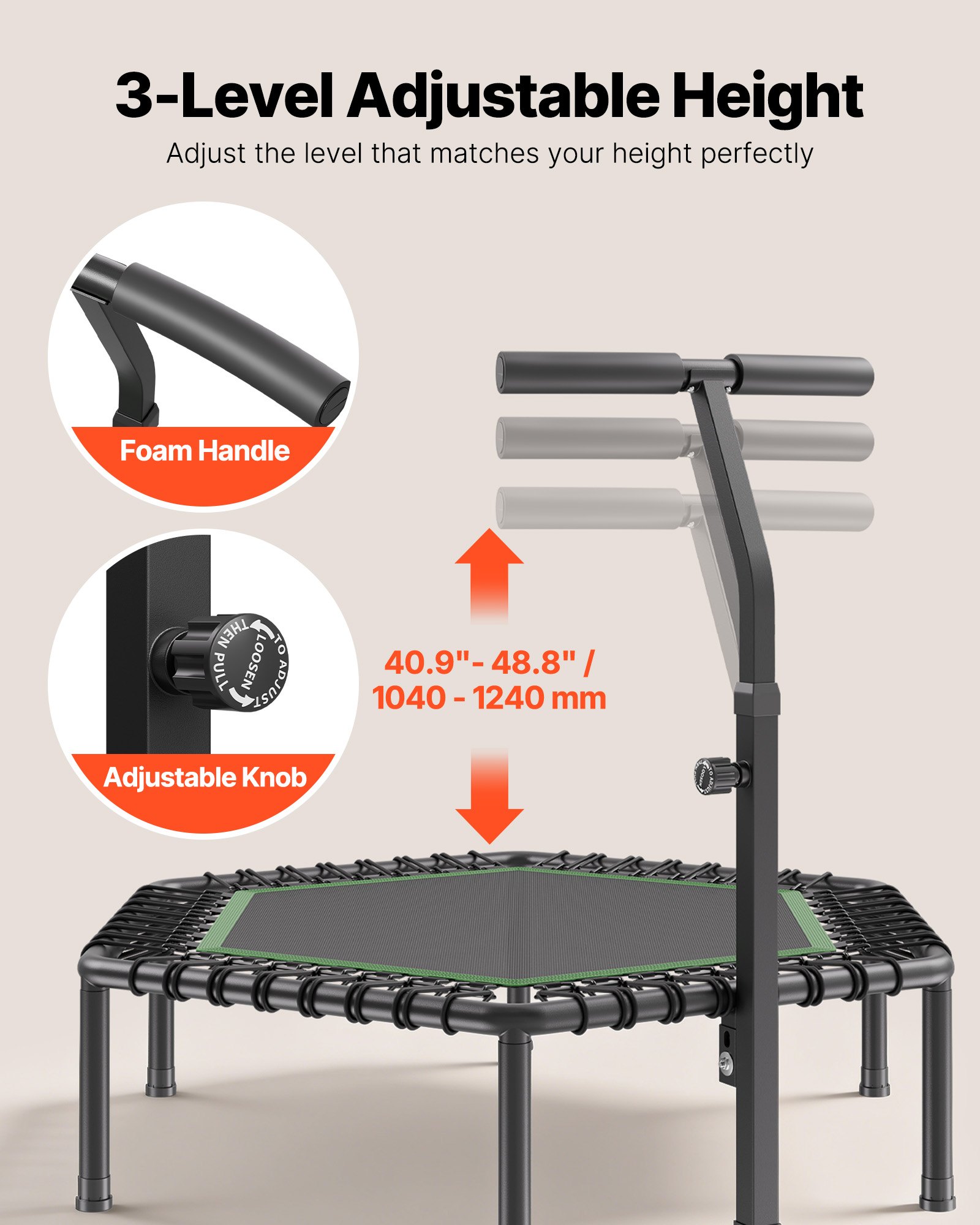 VEVOR Fitnesstrampolin Indoor für Erwachsene, Minitrampolin mit 205 kg Traglast, 1385 mm Rebounder-Trampolin mit 3-stufig Höhenverstellbarem Haltegriff und Schaumstoffgriff, Heimtrainer Sportgerät
