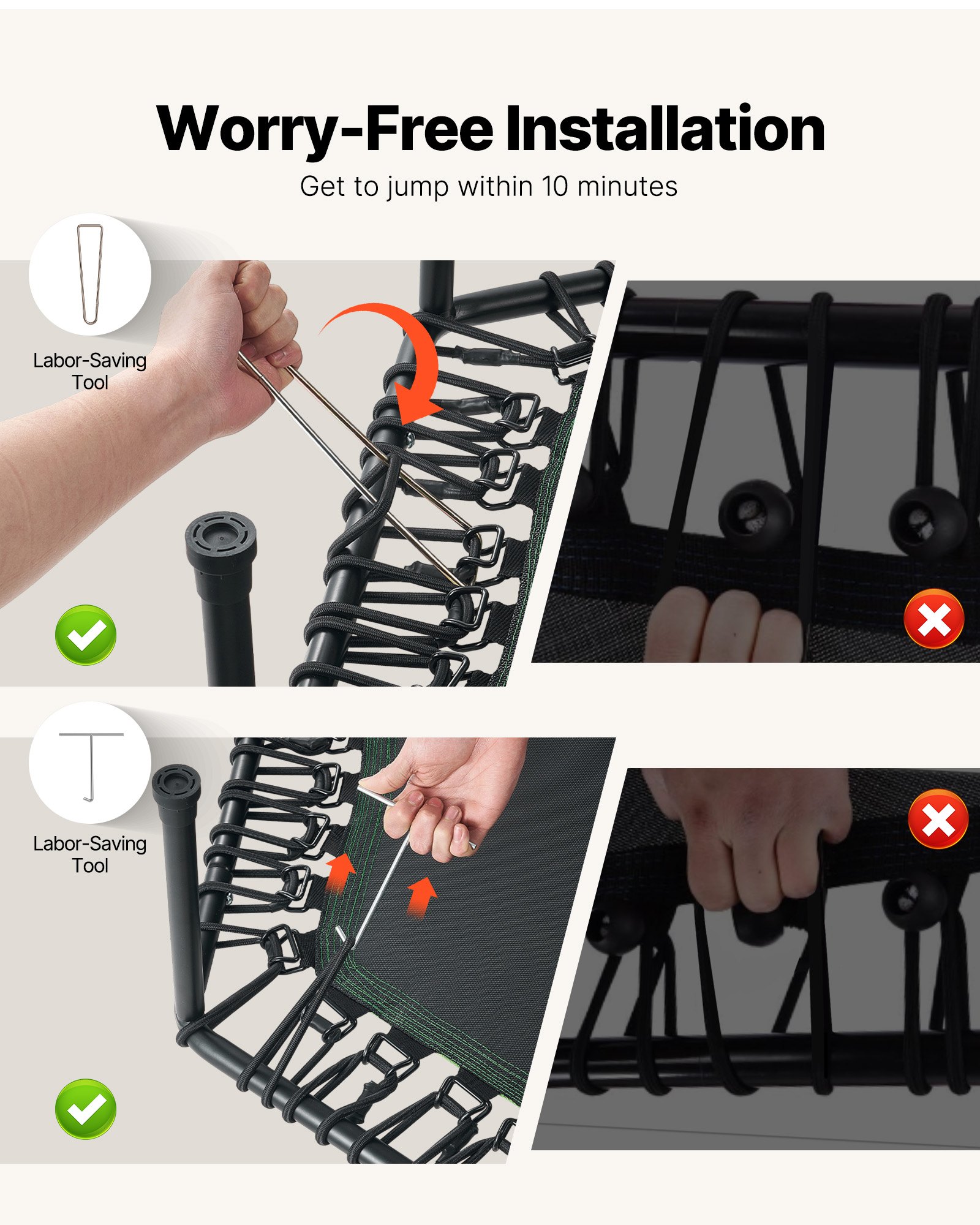 VEVOR Fitnesstrampolin Indoor für Erwachsene, Minitrampolin mit 205 kg Traglast, 1385 mm Rebounder-Trampolin mit 3-stufig Höhenverstellbarem Haltegriff und Schaumstoffgriff, Heimtrainer Sportgerät