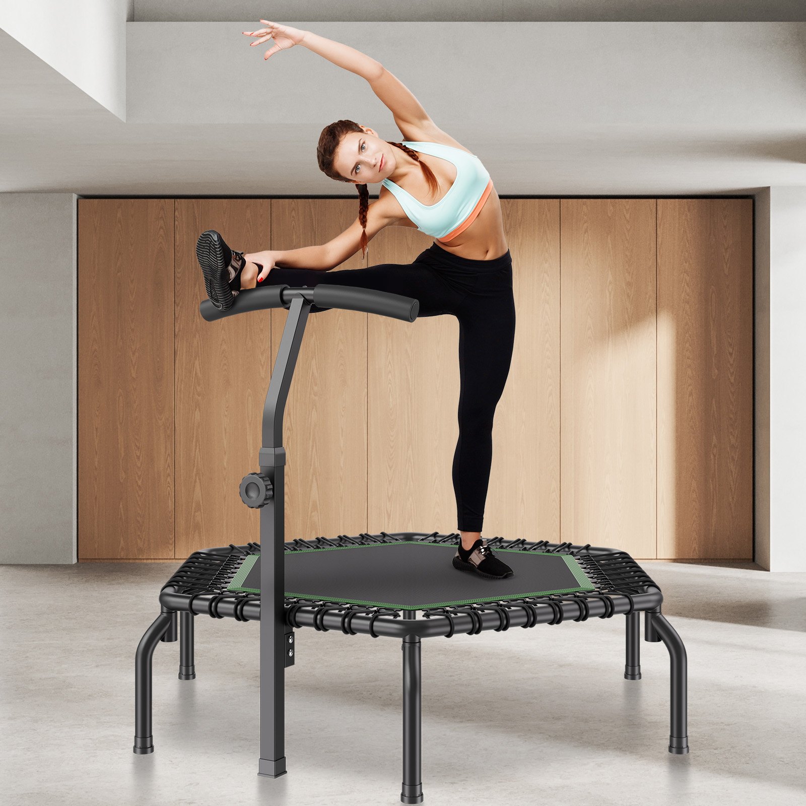 VEVOR Faltbares Mini-Trampolin Fitness-Rebounder 1384 mm 205 kg belastbares Tainingstrampolin, Rebounder Trampolin Gartentrampolin mit 3-stufig höhenverstellbarem Schaumstoffgriff  & 44 Spanngurten