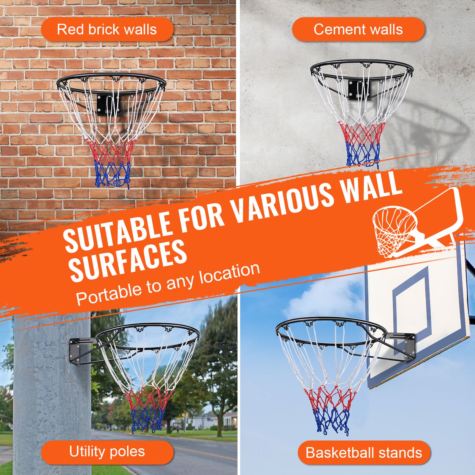 VEVOR Basketballkorb Hangring Basketballring 485 mm, Basketball Basketballring Netz 595 x 485 x 120 mm Qualität-und Sicherheitsgeprüft Indoor & Outdoor, Universal Stabiler Basketballkorb Orange