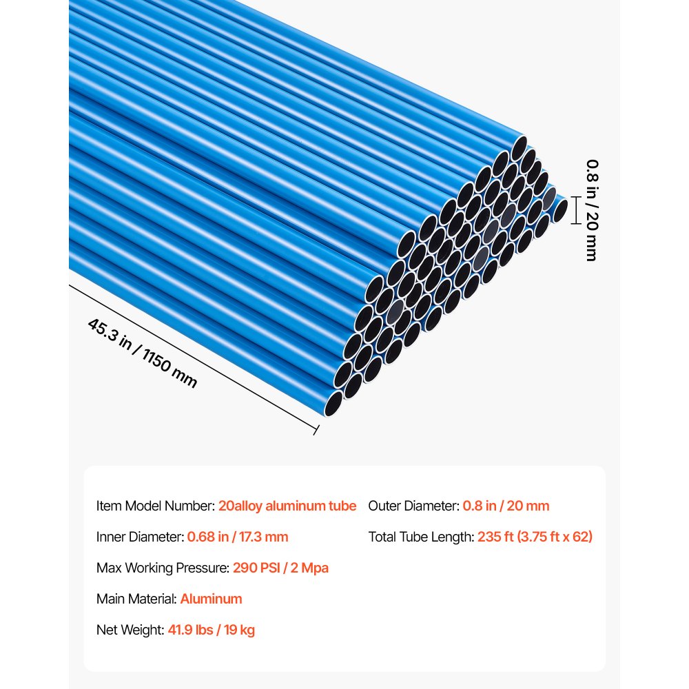 VEVOR Air Compressor Line Piping Kit, Total 71.3 m x 17.3mm (62 x 1.15m), Aluminum Compressed Air Tubing System, High Pressure Resistant, Leak-Proof & Easy-to-Install for Garages Workshops