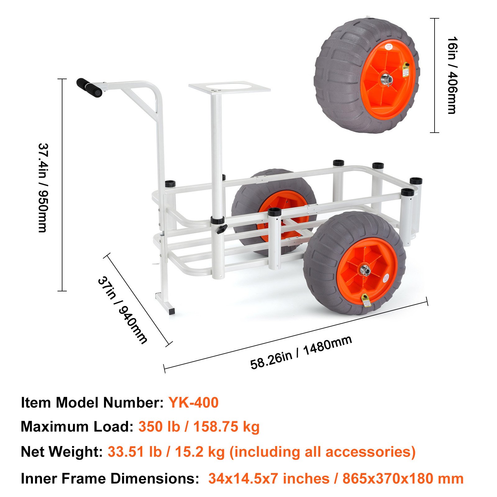 VEVOR Angelwagen Aluminium Transportwagen mit 2 PU-Rädern Transportkarre Angeln 1480x940x950mm Angelkarre 159kg Gewichtskapazität Angel Trolley Sackkarre Strandwagen Strandtrolley
