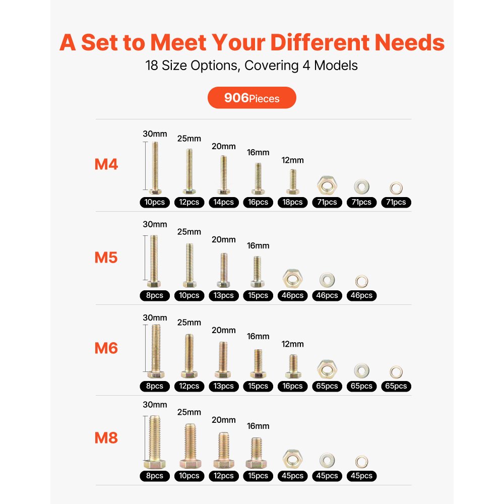 VEVOR 906 Pcs Bolts and Nuts Assortment Kit, Metric Machine Screws and Flat Washers, Alloy Steel M4/M5/M6/M8 Multiple Size, for Equipment Assembly, Vehicle Grade 8.8 Gold-Plated Galvanized