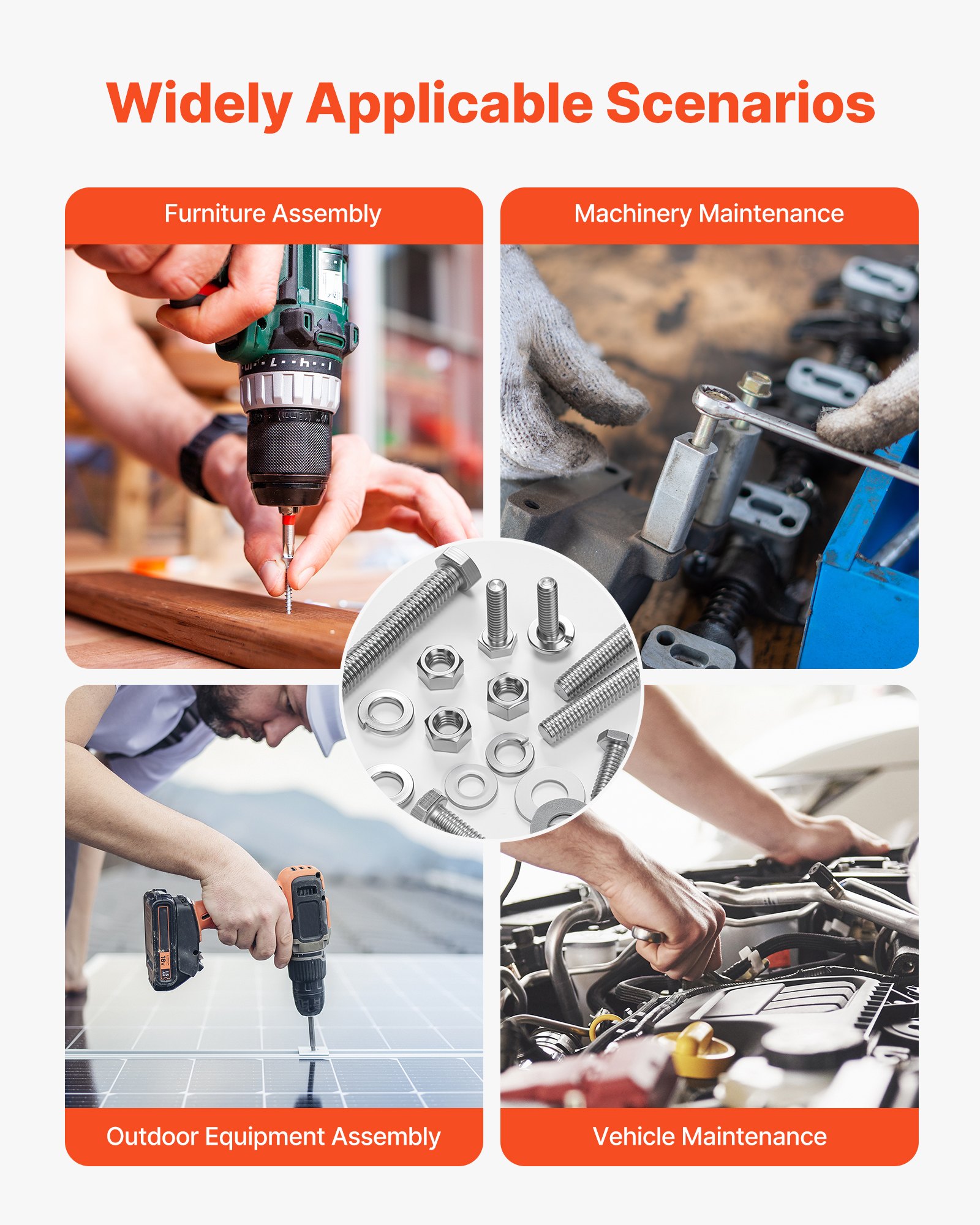 VEVOR 246-teiliges Schrauben-Muttern-Sortiment, Zollschrauben & Unterlegscheiben, Edelstahl 1/4-20,5/16-18,3/8-16, Federscheiben für Möbel-/Geräte-/Fahrzeugmontage mit Koffer, Klasse A2-50