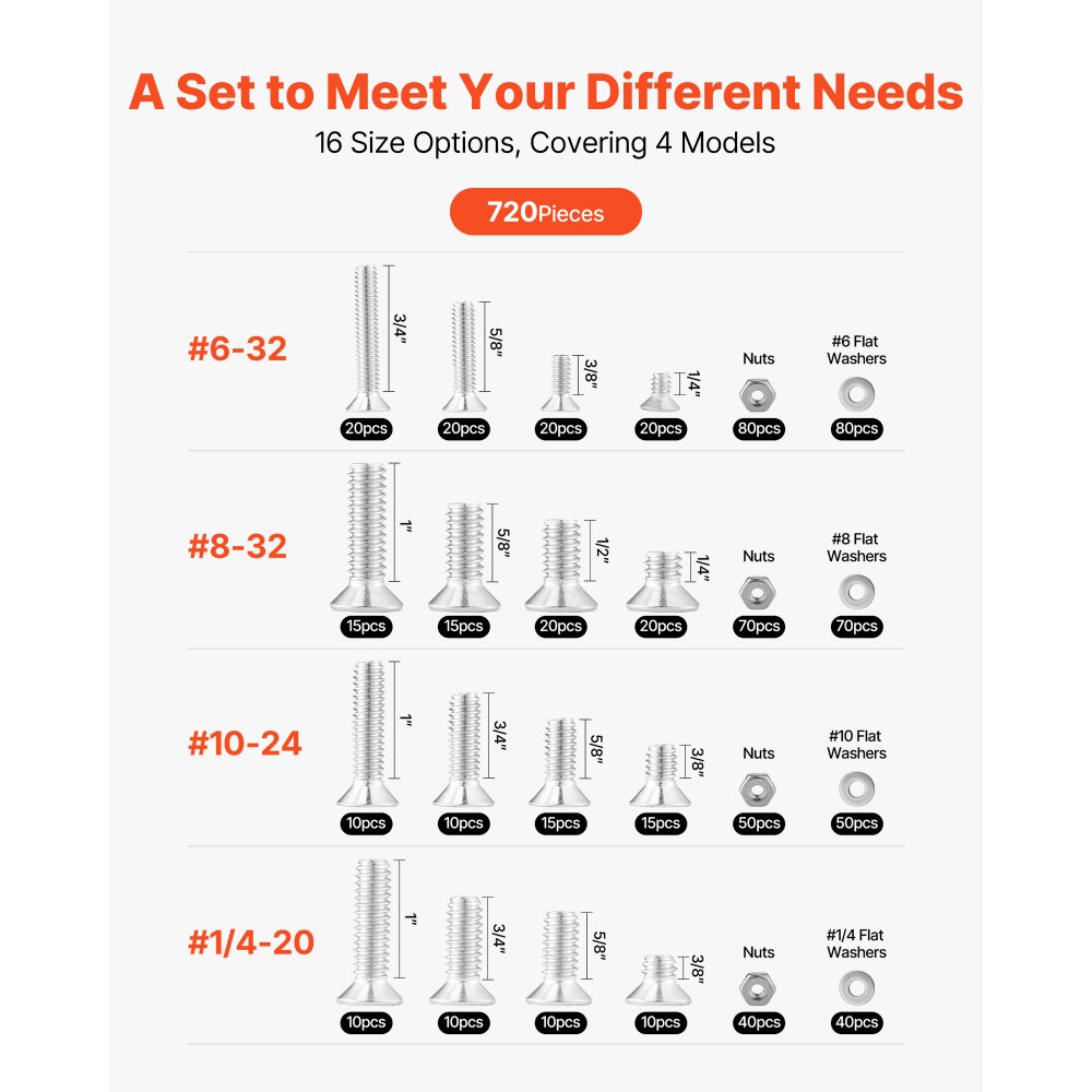 VEVOR 720 Pcs Bolts and Nuts Assortment Kit, Imperial Machine Screws and Flat Washers, Stainless Steel 6-32,8-32,10-24,1/4-20, for Furniture /Equipment/Vehicle Assembly, Silver