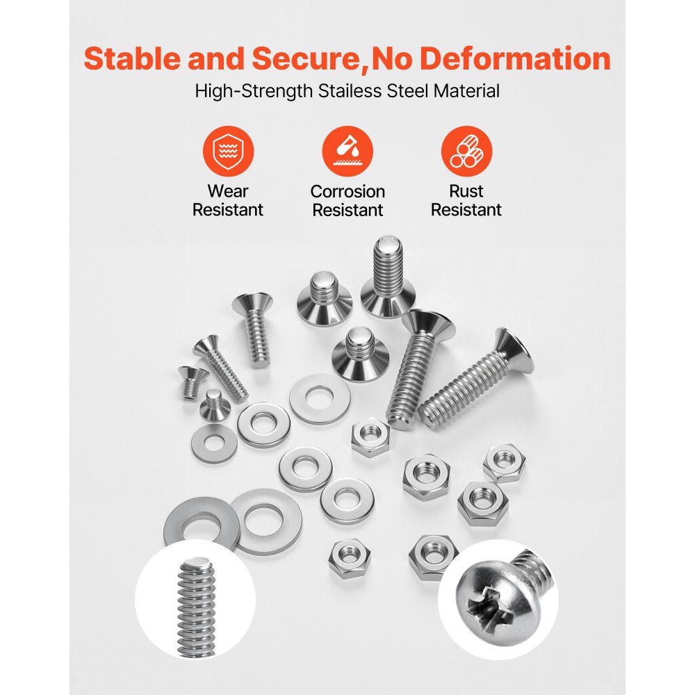 VEVOR 720 Pcs Bolts and Nuts Assortment Kit, Imperial Machine Screws and Flat Washers, Stainless Steel 6-32,8-32,10-24,1/4-20, for Furniture /Equipment/Vehicle Assembly, Silver