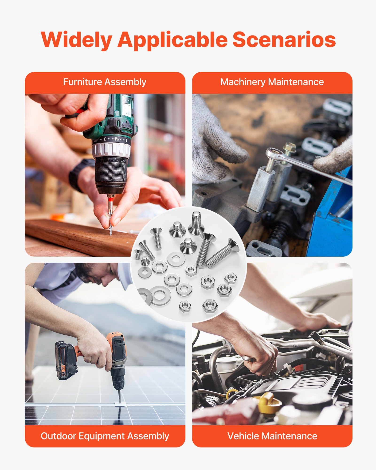 VEVOR 720-teiliges Schrauben-Muttern-Sortiment, imperiale Maschinenschrauben & Unterlegscheiben, Edelstahl 6-32,8-32,10-24,1/4-20, für die Montage von Möbeln/Geräten/Fahrzeugen, Klasse A2-50