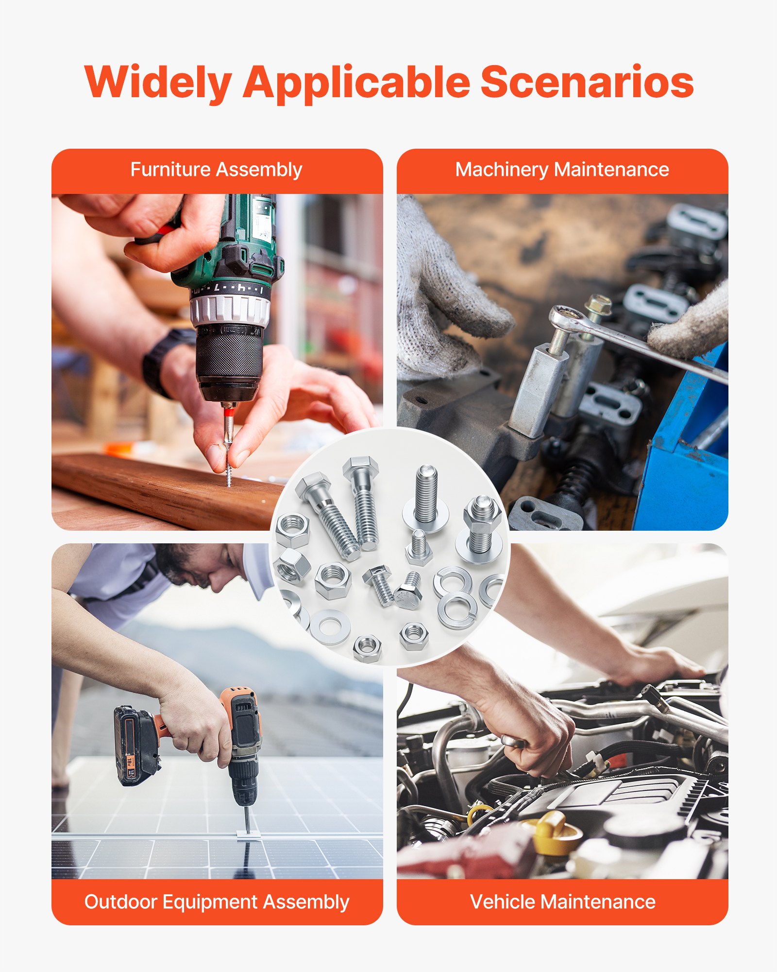 VEVOR 566-teiliges Schrauben-Muttern-Sortiment, imperiale Maschinenschrauben & Unterlegscheiben, legierter Stahl 1/4-20,5/16-18,3/8-16, für die Montage von Möbeln/Geräten/Fahrzeugen