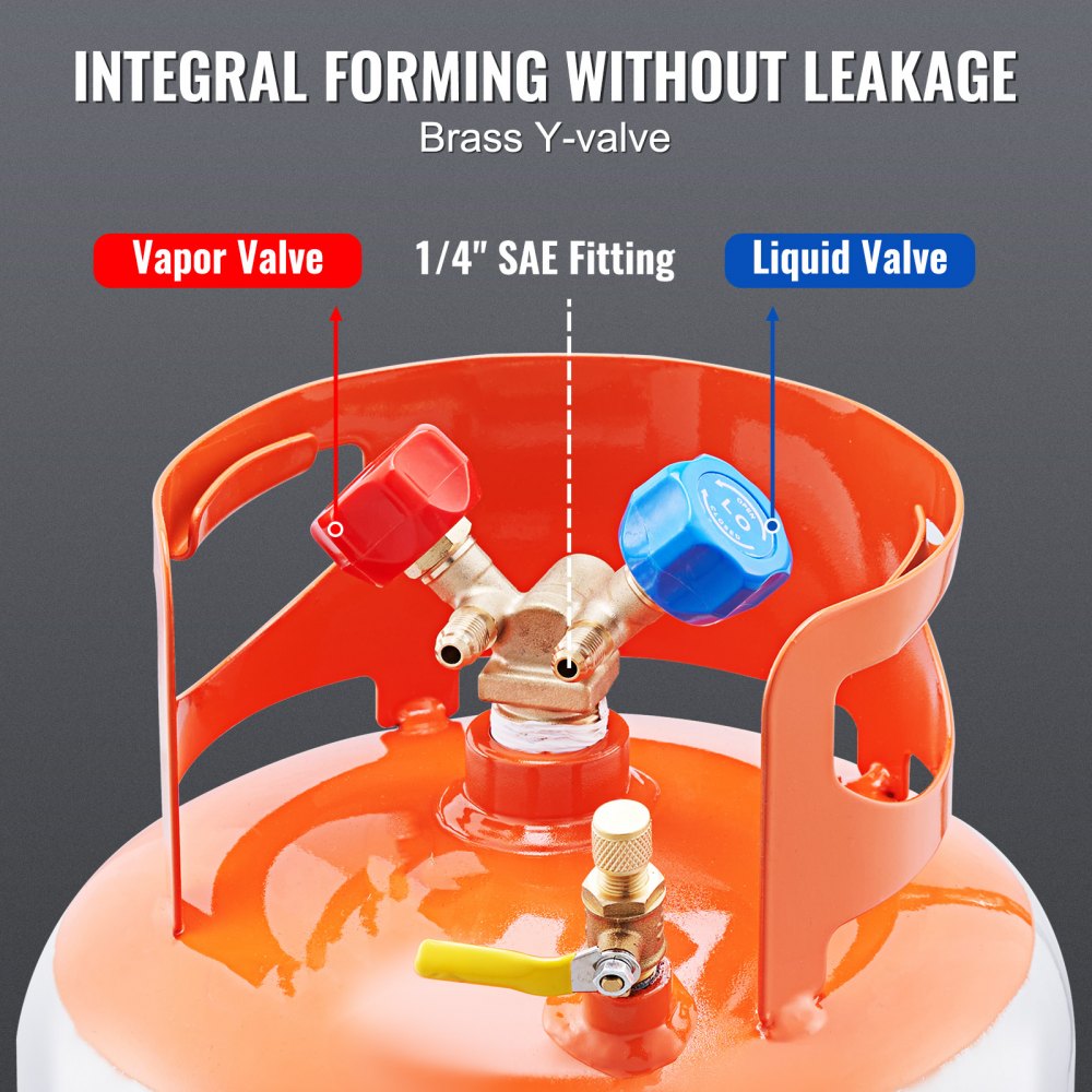 VEVOR Kältemittel-Ausgleichsbehälter, 50 Pfund Fassungsvermögen, tragbarer 400-psi-Zylindertank mit Y-Ventil für Flüssigkeit/Dampf, hochversiegelter Ausgleichsbehälter für R22/R134A/R410A, Orange+Grau