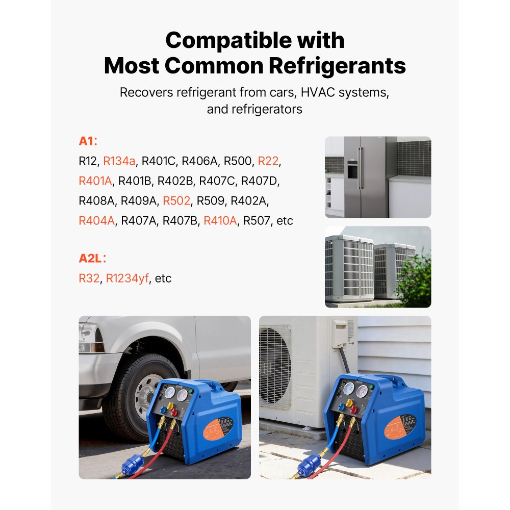 VEVOR Kältemittelabsauggerät Tragbare Kältemittel Absaugstation, 220V/50Hz 1450 U/min. 3/4 PS mit Einzylinder Absauganlage für Kältemittel A1 & A2L, Rückgewinnungsgerät für KFZ- & Hausklimaanlagen