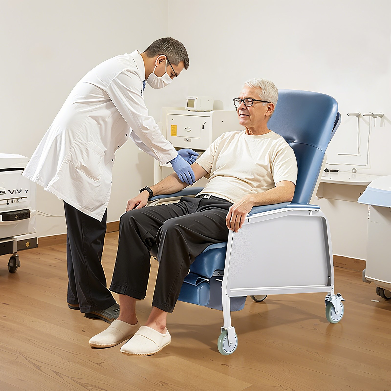 VEVOR Medizinischer Liegestuhl, mit 3 Liegepositionen, Geri-Stuhl mit 4 Rädern, weich gepolsterter Sitzfläche & abnehmbarem Tablett, ideal für Krankenhaus, Pflegeheim & häusliche Pflege