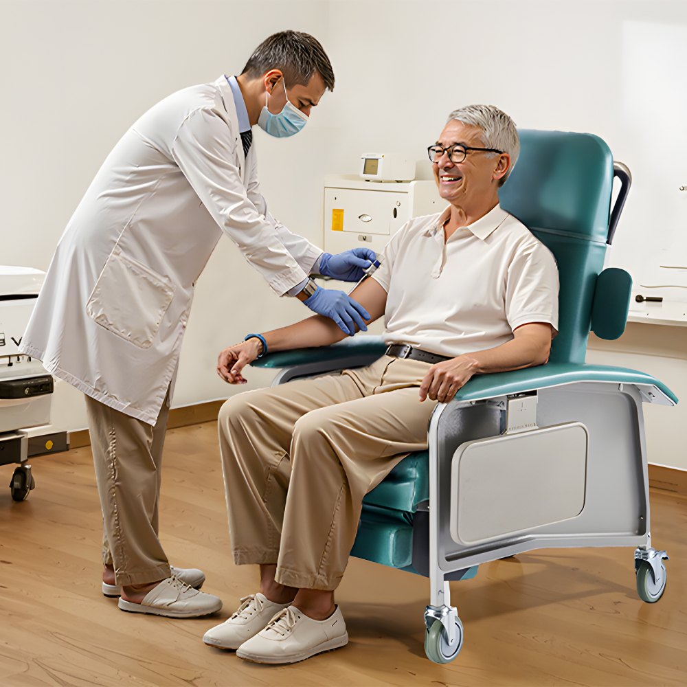 VEVOR Medizinischer Liegestuhl, Geri-Stuhl mit 4 Positionen, Patientenstuhl mit 4 Rädern, weich gepolstertem Sitz und 2 Tabletts für Krankenhaus, Pflegeheim, geriatrische häusliche Pflege