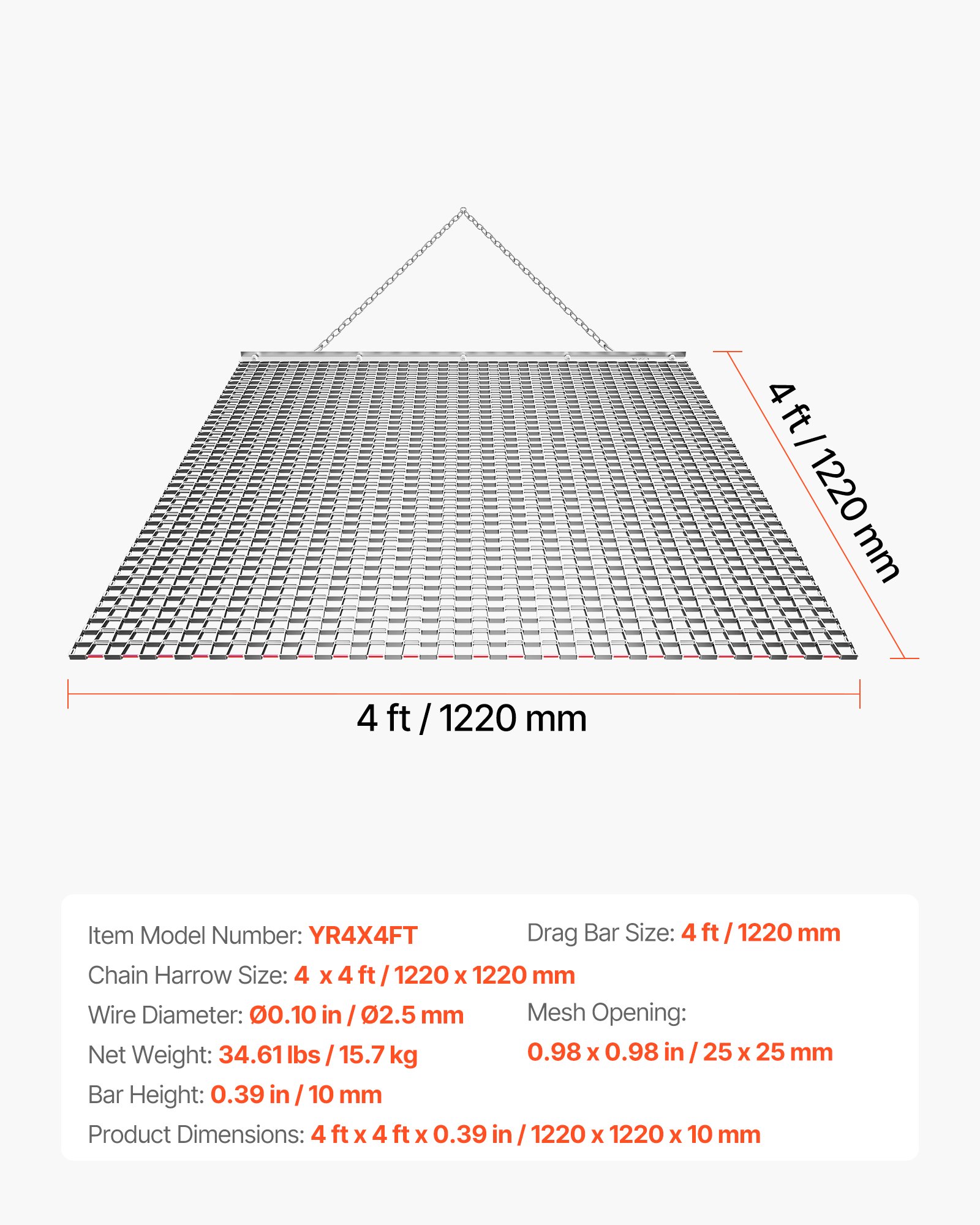 VEVOR Schleppegge, 122x122 cm, Wiesenegge, Wiesenschleppe, Feldegge aus Verzinktem Stahl mit Anhängekette, Anbaugerät für ATVs, UTVs & Traktoren zum Einebnen von Schotterwegen, Fahrspuren & Feldern