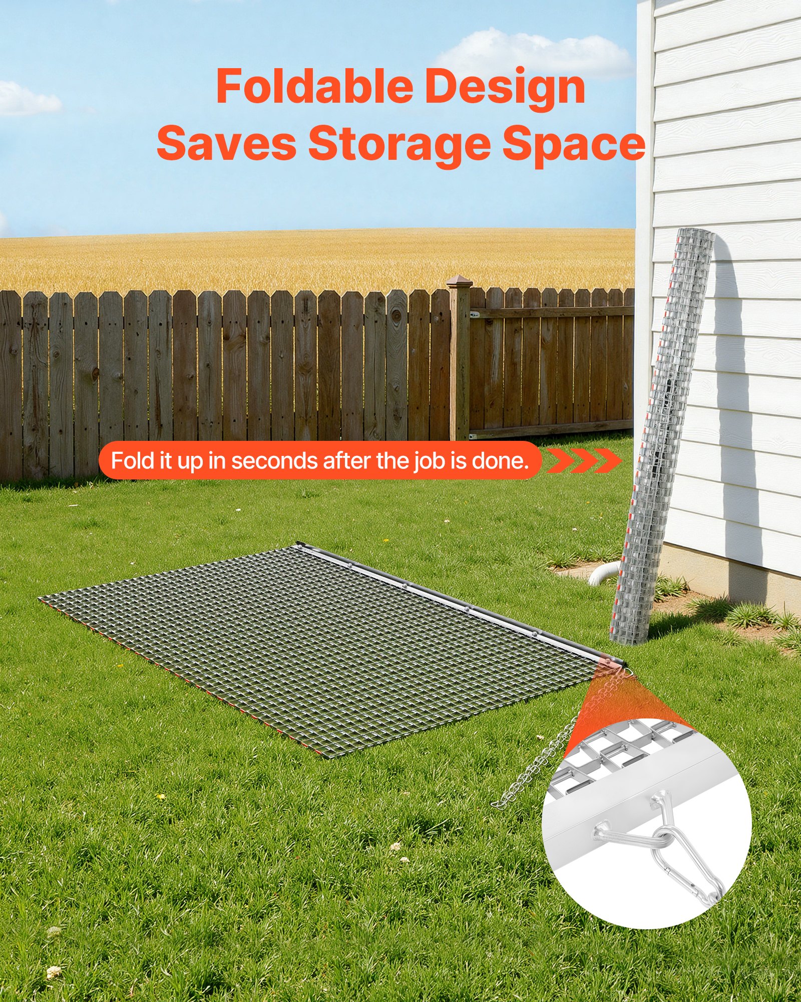 VEVOR Drag Harrow, 1.5x0.9 m, High-Efficiency Chain Harrow Rake, ATVs UTVs Tractors Attachments, Durable Galvanized Steel Mesh Drag Mat with Towing Chain, for Gravel Driveway Ruts Farm Field Leveling